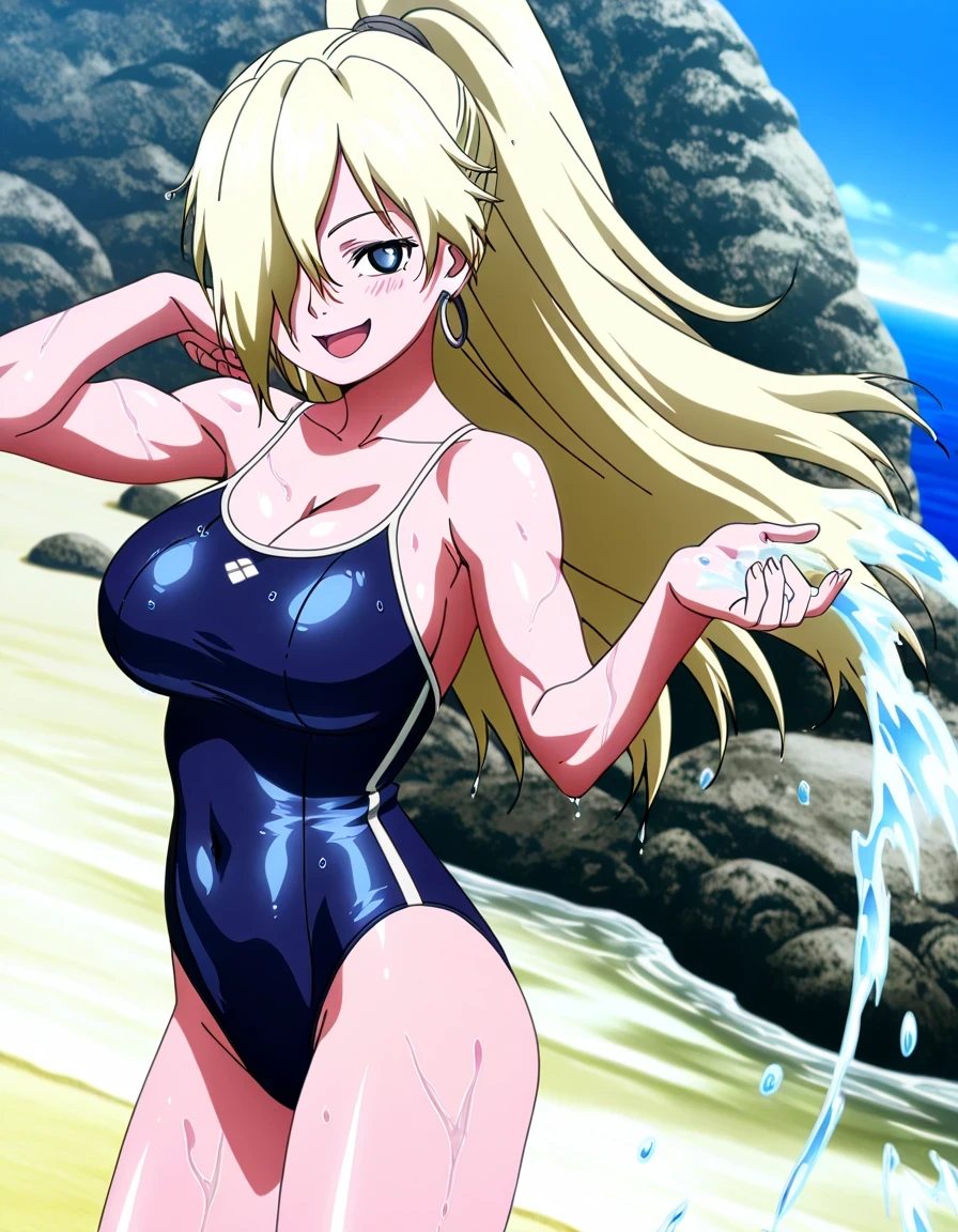 傑作、Best quality、Best resolution、Best image quality、amazing quality、 very aesthetic、 absurdres、anime coloring、anime screencap、anime screenshot、1girl、<lora:InoYamanakaGeninNoobXL_byKonan:1>、ino yamanaka、solo、13 years old、younger、blonde hair、blue eyes、high ponytail hair、 one eye covered with hair、small hoop earrings、big breasts、cleavage、large breasts、large boobs、<lora:competition-school-swimsuit-ponyxl-lora-nochekaiser:1>、competition school swimsuit、school swimsuit、trace swimsuit、navy blue one-piece swimsuit、one-piece swimsuit、swimsuit、wet swimsuit、single vertical stripe、high leg cut、deltoids、biceps、triceps、brachioradialis、bare shoulders、bare arms、bare crotch、bare thighs、bare legs、collarbone、trapezius、covered navel、covered abdominal muscles、Ocean、Beach、sea、splashing、seductive smile、smug、open mouth、standing、blush、looking at viewer、cowboy shot、female focus、dutch angle、