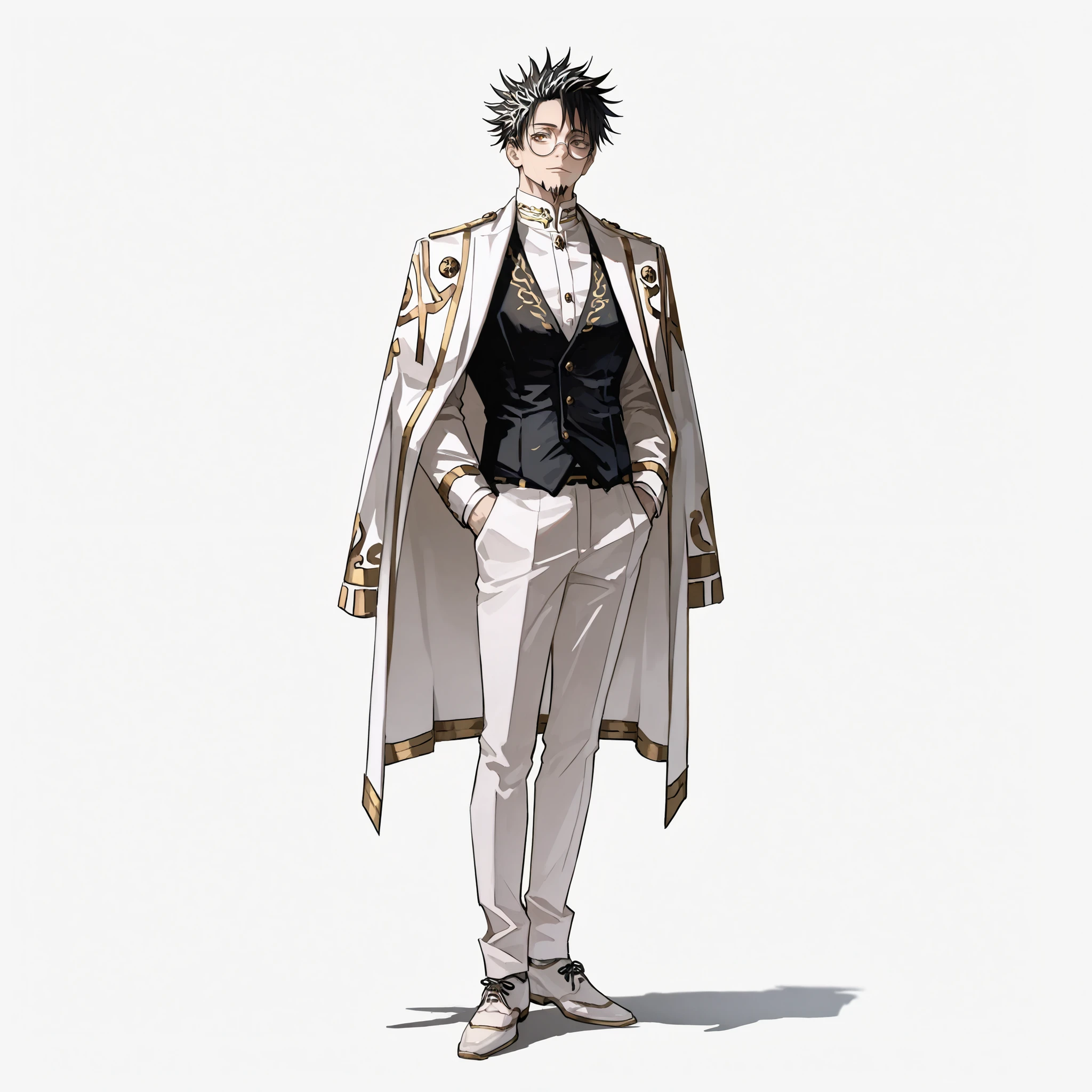 (male), (middle aged man), (slim body), (black hair), (neatly styled medium hairstyle), (brown eyes, goatee, round glasses), (calm expression), (arms in pocket), (solo), (single character), (full body version), (white background), (no background), (highly detailed), (shadow), (standing pose), (natural light), (detailed outfit), (detailed hand), (detailed face), (detailed hair)
Wearing a ceremonial stylish outfit consisting of an elegant white ceremonial coat with gold embroidery on the sleeves, inner black vest, white shirt with cravat, white formal pants, long white cape with gold edges, and white formal shoes. (Jujutsu kaisen style art)