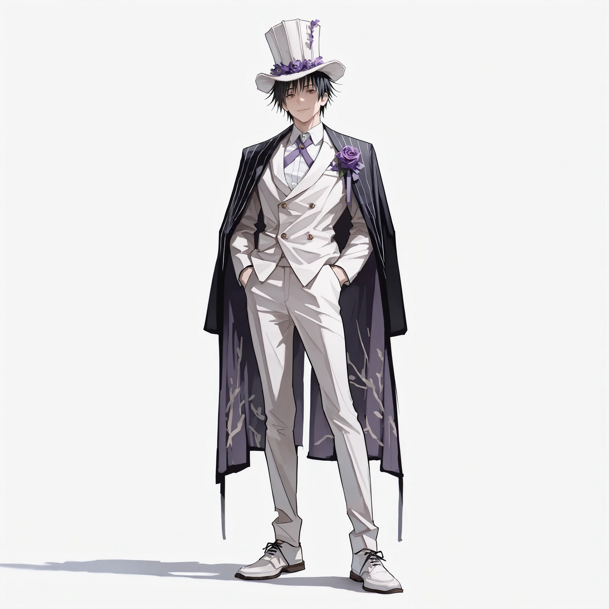 (male), (adult man), (slim body), (black hair), (neatly styled medium hairstyle), (brown eyes), (confident expression), (arms in pocket), (solo), (single character), (full body version), (white background), (no background), (highly detailed), (shadow), (standing pose), (natural light), (detailed outfit), (detailed hand), (detailed face), (detailed hair)
Wearing a pure white formal double-breasted suit with a matching long cape, white shirt underneath, white shoes, and a tall white top hat with a purple rose pinned on the chest. (Jujutsu kaisen style art)