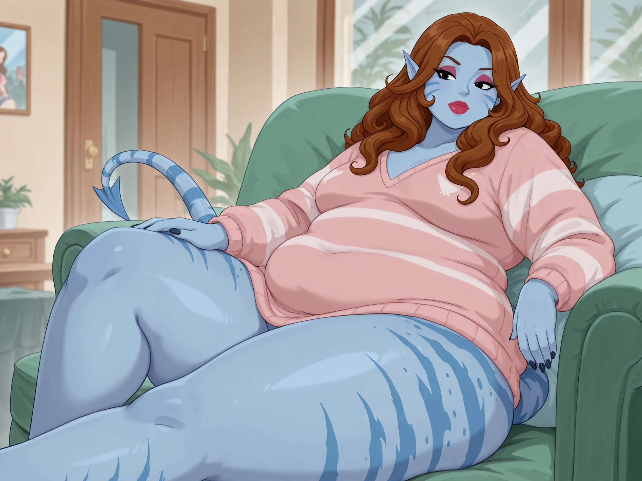 Debra, small . Pale red lipstick, brown hair, black eyes, pale red makeup, long hair, thick , chubby, overweight, chubby, fat, mature woman..| 1 girl, solo, (masterpiece,best quality,amazing quality,very aesthetic,,blue skin,pointy ears, loose hair, slightly curly hair, striped skin,tail,Na'vi, ,  shirt,zzzemoji,detailed background, lounge, comfy lounge, penthouse apartment, on couch, sweater, skirt,