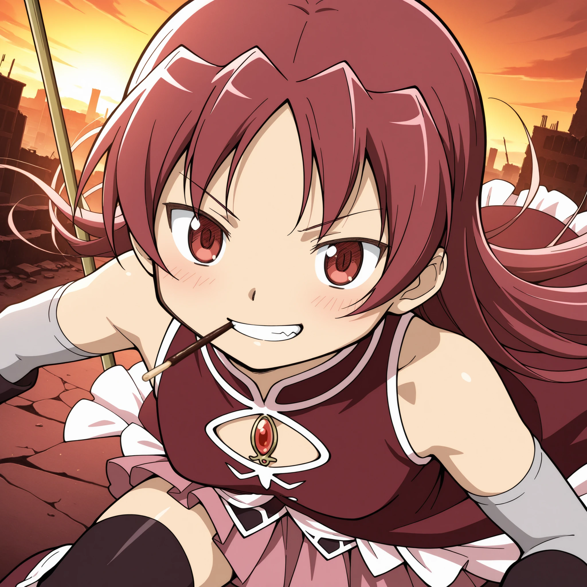 absurdres, highres, masterpiece, best quality, amazing quality, anime style, anime capture, anime screen, 1girl, solo, mahou shoujo madoka magica, sakura kyoko, red eyes, red hair, long hair, hair down, magical girl, red dress, soul gem,  shoulders, detached sleeves, frills, elbow gloves, pink skirt, black thighhighs, red knee boots, holding polearm, grin, clenched teeth, pocky, mouth hold, upper body focus, fighting stance, looking at viewer, dutch angle, outdoors, ruined town, sunset