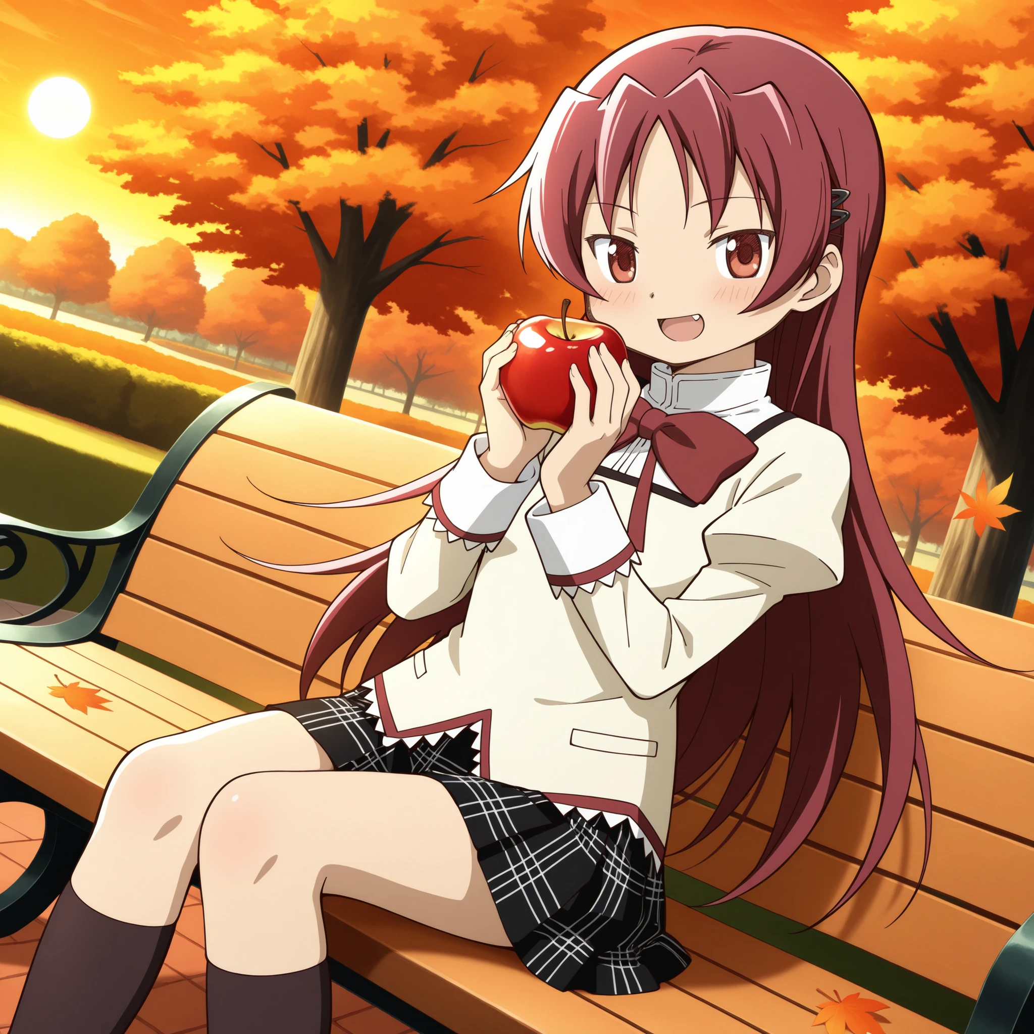 absurdres, highres, masterpiece, best quality, amazing quality, anime style, anime capture, anime screen, 1girl, solo, mahou shoujo madoka magica, sakura kyoko, red eyes, red hair, long hair, hair down, mitakihara school uniform, collared shirt, red bow, juliet sleeves, plaid skirt, kyoko_black kneehighs, brown footwear, muffler, blush, smile, open mouth, happy, eating apple, sitting on bench, looking at viewer, dutch angle, outdoors, park, sunset, autumn leaves