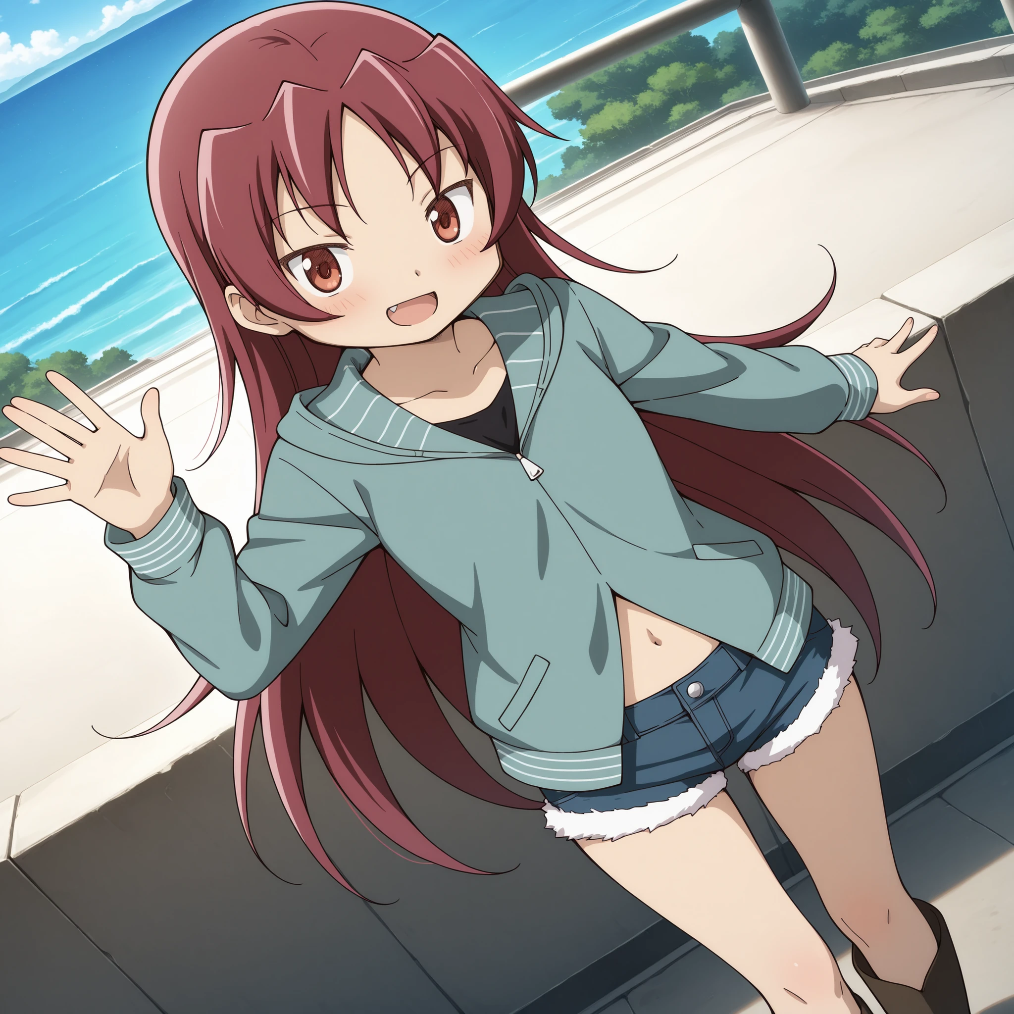 absurdres, highres, masterpiece, best quality, amazing quality, anime style, anime capture, anime screen, 1girl, solo, mahou shoujo madoka magica, sakura kyoko, red eyes, red hair, long hair, hair down, hoodie, long sleeves, black shirt, navel, denim shorts, brown boots, blush, smile, open mouth, waving, looking at viewer, dutch angle, outdoors, ocean