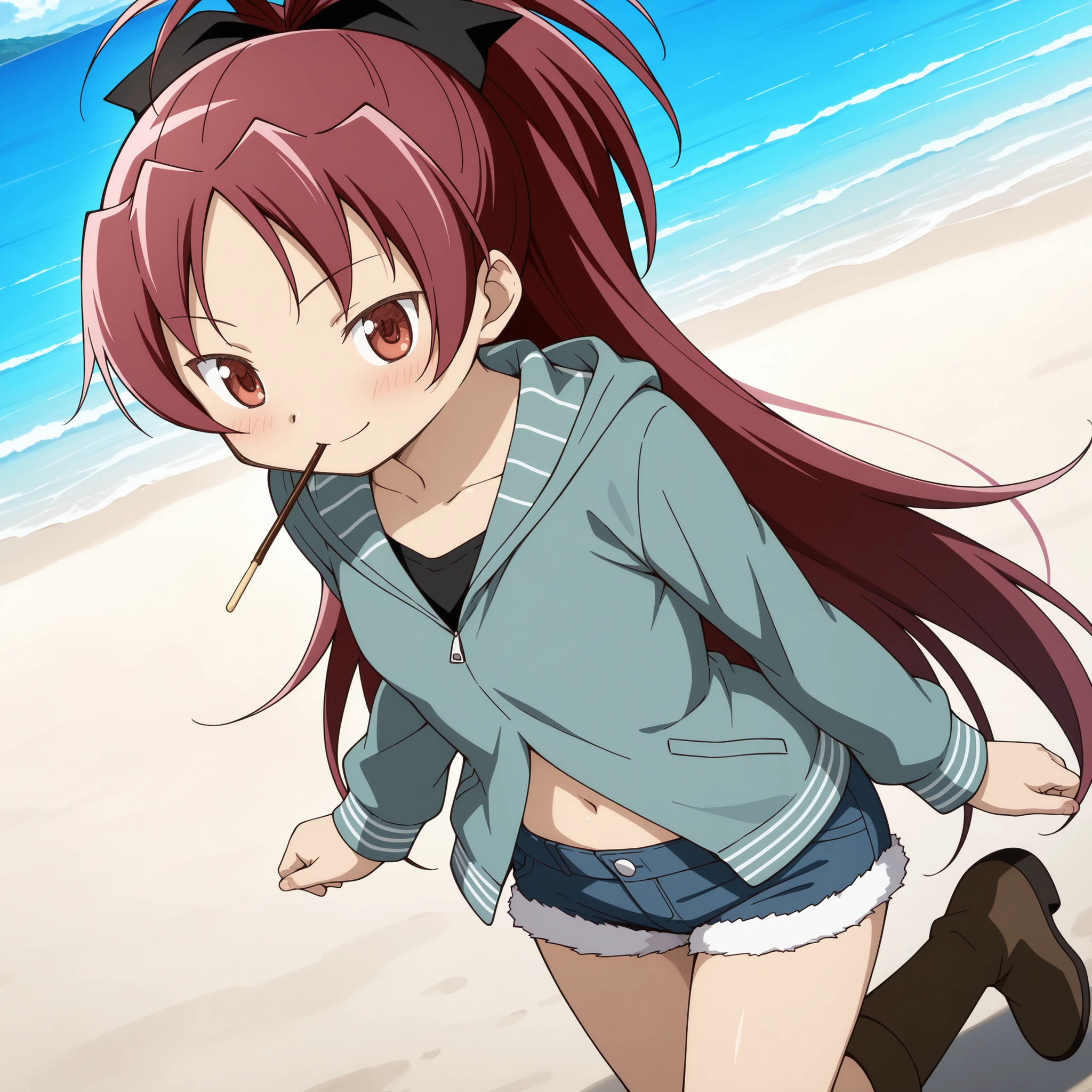 absurdres, highres, masterpiece, best quality, amazing quality, anime style, anime capture, anime screen, 1girl, solo, mahou shoujo madoka magica, sakura kyoko, red eyes, red hair, ponytail, long hair, hair bow, hoodie, long sleeves, black shirt, navel, denim shorts, brown boots, blush, smile, closed mouth, pocky, mouth hold, looking at viewer, dutch angle, outdoors, ocean