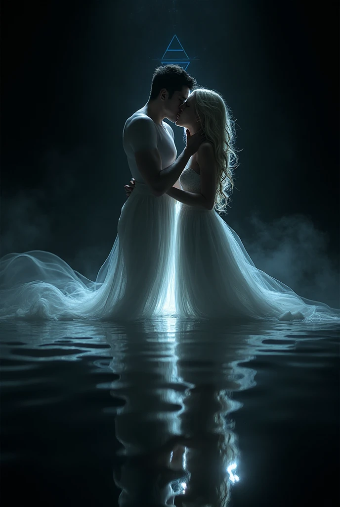 A warm summer evening, sunset, light breeze, a couple will dance hugging on the deck of a luxury yacht: 1 woman (an incredibly beautiful young fatal blonde with blue eyes and long golden hair reaching to the waist, she is wearing a beautiful shimmering silk dress with thin lace, romantic appearance) and 1 man (tall, handsome, a handsome, masculine, athletic young man-platinum blond, he has blue eyes, tanned skin, long straight platinum hair, he is dressed in a light shirt and trousers). The ocean breeze. Masterpiece, perfect image, realistic photos, full-length image, 8K, detailed image, extremely detailed illustration, a real masterpiece of the highest quality, with careful drawing. glow. In full growth. they are in love with each other.