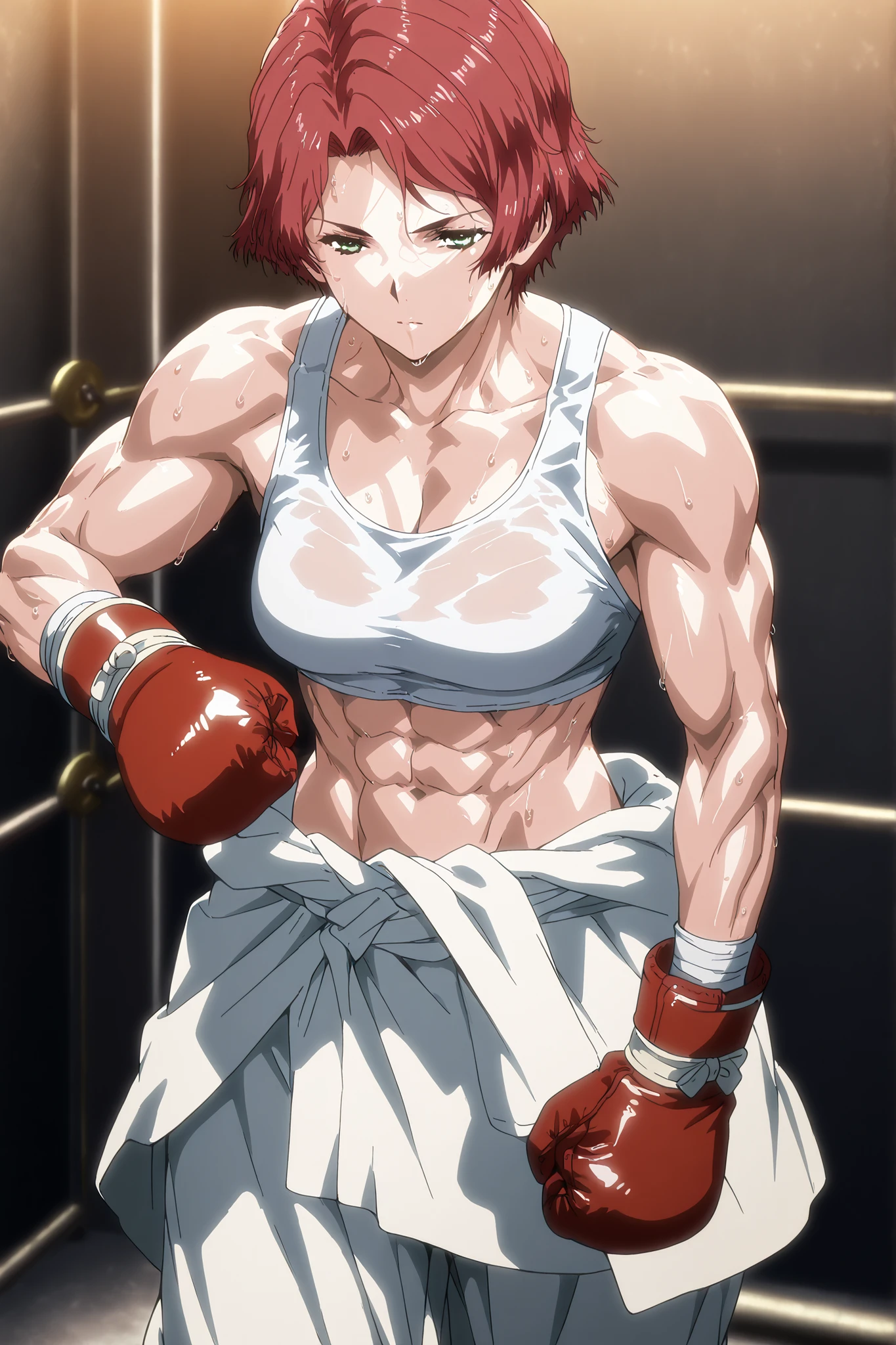 1girl, solo, young mature, yukinakabaneri, green eyes, short hair, red hair, slender, muscular female, boxing gloves, white tank top, clothes around waist, white pants, breasts, midriff, abs, sweating