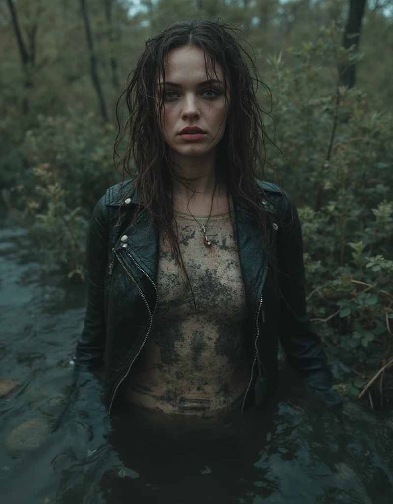 (Best Quality,hight resolution,Masterpiece, Overhead view:1.20),Ultra-detailed,The woman,Wide flares on jeans,sickly,drowning in a swamp,standingn:1.2, ??????, Posing, overcomes shame:1.3, (at the bottom of a mud pit:1.3),?????? ???????:1.2,dark gloomy atmosphere,gritty texture,melancholic expression on his face,mysterious aura,foggy background,Subtle color palette,provocative pose,Strong emotions,Coming Out of the Depths of Despair,Piercing gaze,intense shadows,Plunged in Darkness,Rugged terrain,ominous vibe,A supernatural sensation,asymmetrical bangs, freckles, pink short hair, Bangs, freckles, gray eyes,