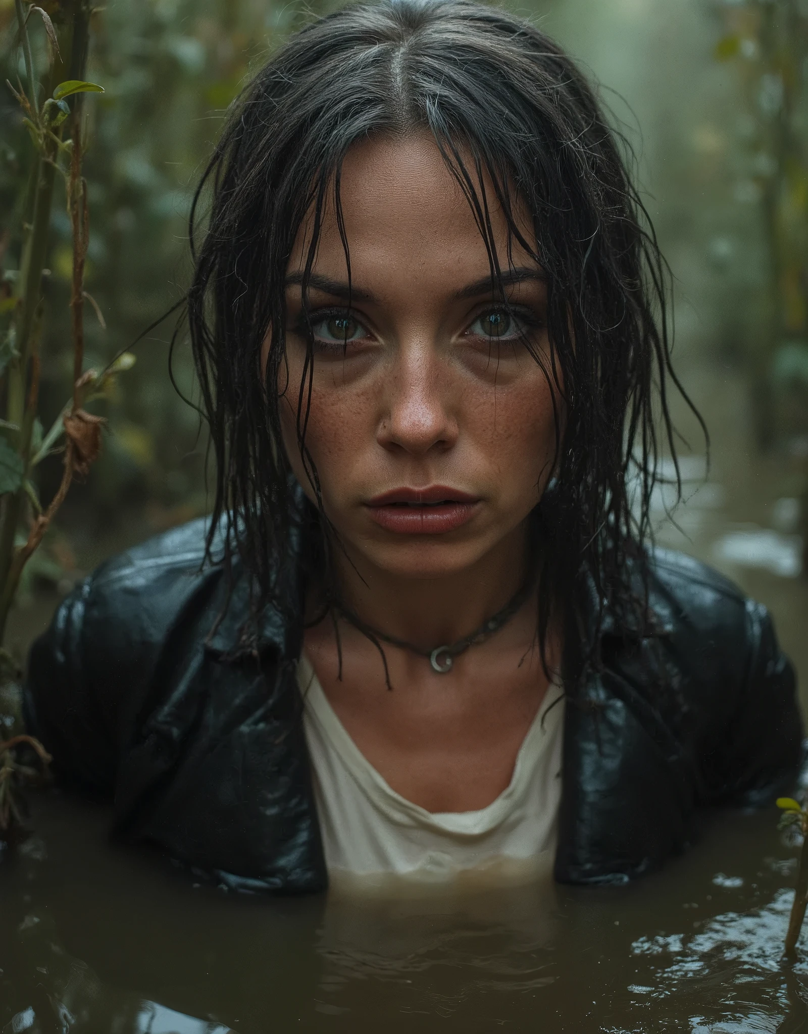 40 year old diva,  vulgar makeup , drowning in a viscous swamp  . eye bags,  t-shirt and leather jacket,  in tension