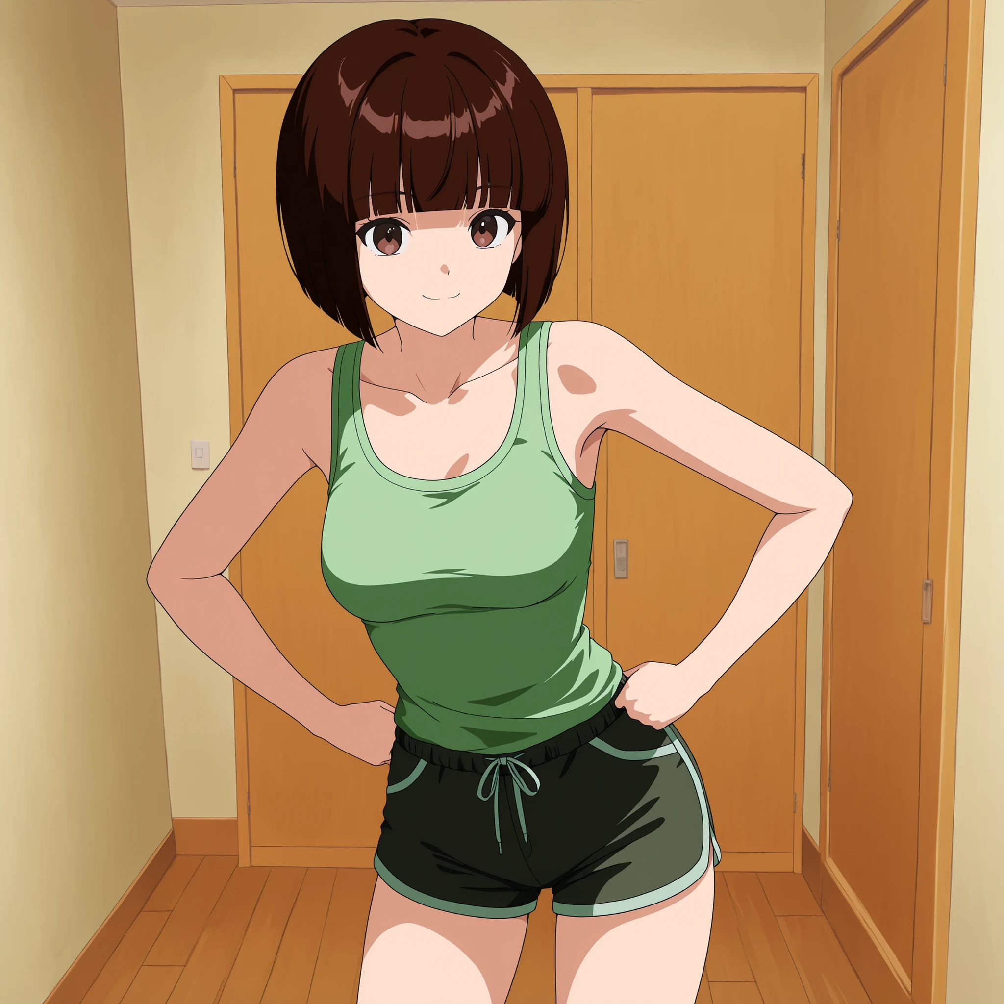 1girl,pose in room, nabiki tendou, short hair, bangs, brown hair, brown eyes, blunt bangs, bob cut, medium breasts, little smile, tank top, shorts,