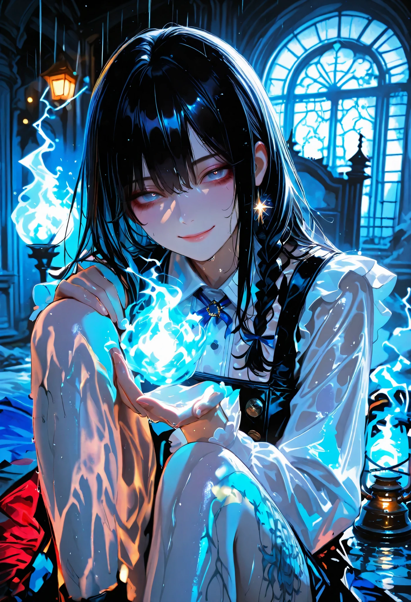 Haunted Castle、1 Midnight、The girl who lost her way、long black hair,Fireball in hand、Lantern Lights、I'm not scared at all!、Lightning echoes、girl wet in the rain、big mansion like a castle、 Ghosts、dimly lit room、State of Ruins、Only ghost eyes light up,shortcuts,unkempt hair,Short braided hair,Neat,slender beauty,correct posture,small breasted,Beautiful legs,Enchanting Gray-Blue Eyes Shine Like Stars,Saggy Eyes,Brilliant Colors,beautiful eyes,A delicate smile,Textured Skin,Best quality at its best,gentle and beautiful woman,anime style、Seimitsu、4K resolution、High Quality、Super Detailed、Realistic、Realistic、HDR、UHD、STUDIO LIGHT、Transcendental Depiction、Clear Focus、PBR Rendering、Professional、Brilliant Colors彩、bokeh effect