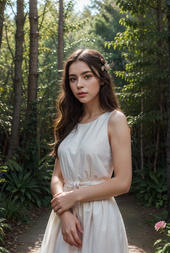 A beautiful girl in a long flowing dress, posing gracefully in a natural setting, high quality detailed portrait, intricate details, photorealistic, 8k, hyperrealistic, detailed eyes, detailed lips, delicate skin, long eyelashes, elegant, serene expression, sunlight streaming through trees, lush foliage, detailed background, warm color tones, cinematic lighting