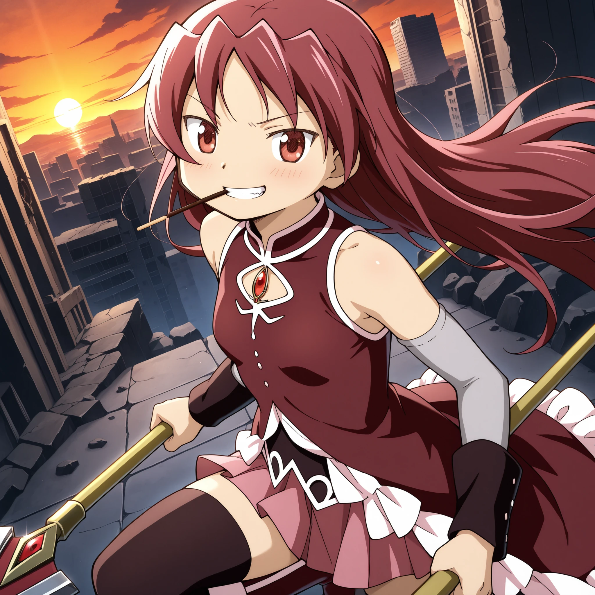 absurdres, highres, masterpiece, best quality, amazing quality, anime style, anime capture, anime screen, 1girl, solo, mahou shoujo madoka magica, sakura kyoko, red eyes, red hair, long hair, hair down, magical girl, red dress, soul gem,  shoulders, detached sleeves, frills, elbow gloves, pink skirt, black thighhighs, red knee boots, holding polearm, grin, clenched teeth, pocky, mouth hold, upper body focus, fighting stance, looking at viewer, dutch angle, outdoors, ruined town, sunset