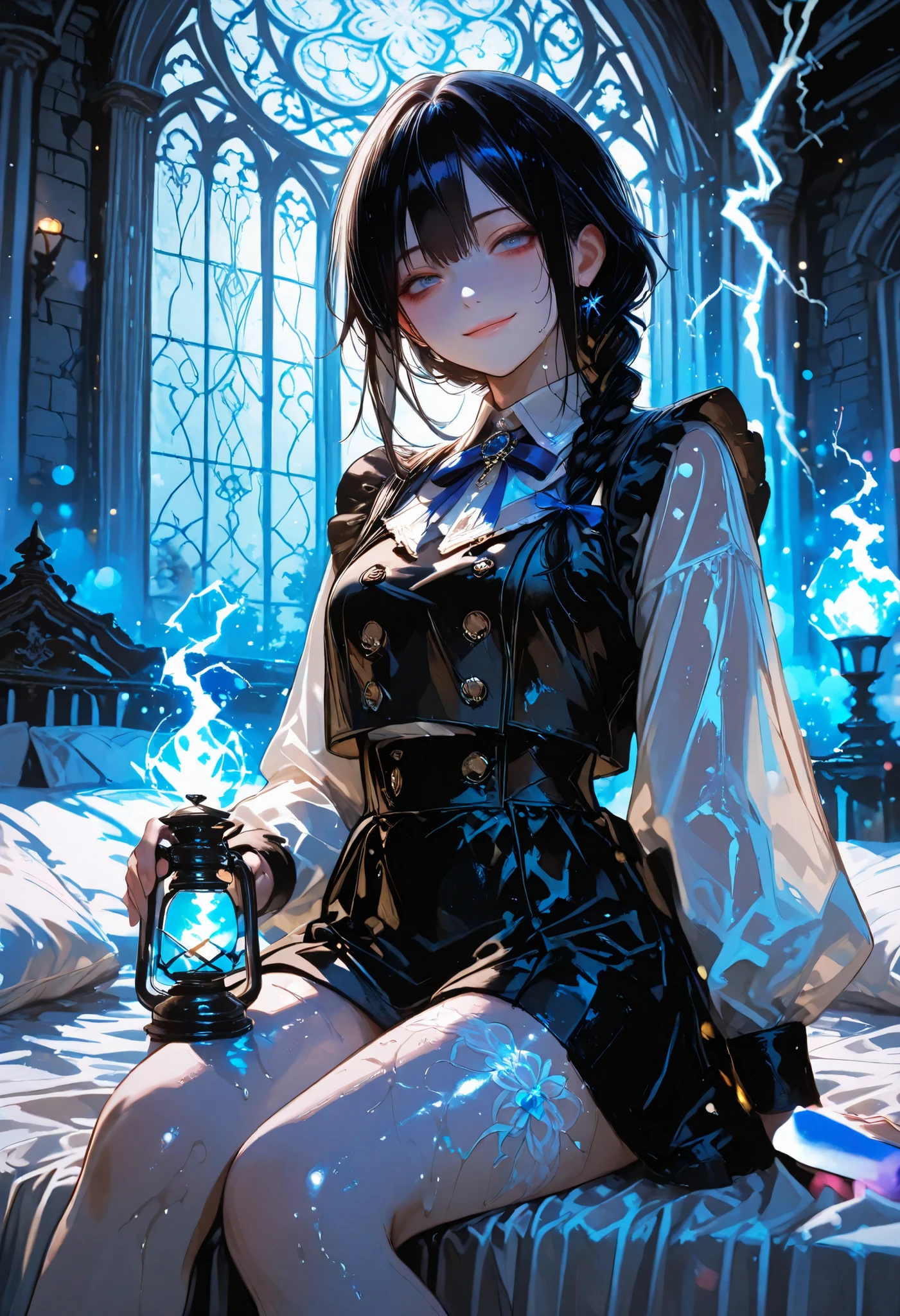 Haunted Castle、1 Midnight、The girl who lost her way、long black hair,Fireball in hand、Lantern Lights、I'm not scared at all!、Lightning echoes、girl wet in the rain、big mansion like a castle、 Ghosts、dimly lit room、State of Ruins、Only ghost eyes light up,shortcuts,unkempt hair,Short braided hair,Neat,slender beauty,correct posture,small breasted,Beautiful legs,Enchanting Gray-Blue Eyes Shine Like Stars,Saggy Eyes,Brilliant Colors,beautiful eyes,A delicate smile,Textured Skin,Best quality at its best,gentle and beautiful woman,anime style、Seimitsu、4K resolution、High Quality、Super Detailed、Realistic、Realistic、HDR、UHD、STUDIO LIGHT、Transcendental Depiction、Clear Focus、PBR Rendering、Professional、Brilliant Colors彩、bokeh effect