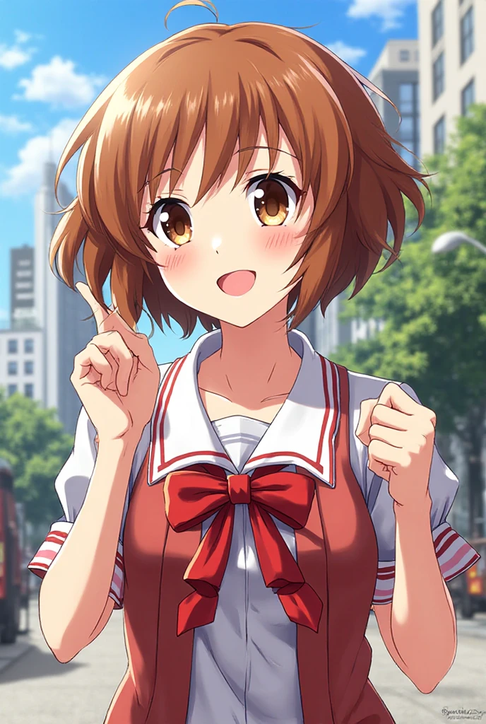 score_9, score_8_superior, score_7_superior, sauce_anime,
Mitocho Misaka, ミコトがsuperiorがった, short hair, Brown Hair, hair ornaments, Hair Flowers, Brown eyes, smile,
skirt, shirt, , white shirt, Short sleeve, pleated skirt, grey skirt, Sweater vest, tokiwadai , V-neck,
Outdoor, Cityscape,
View your viewers, Cowboy Shot, Dutch Angle,