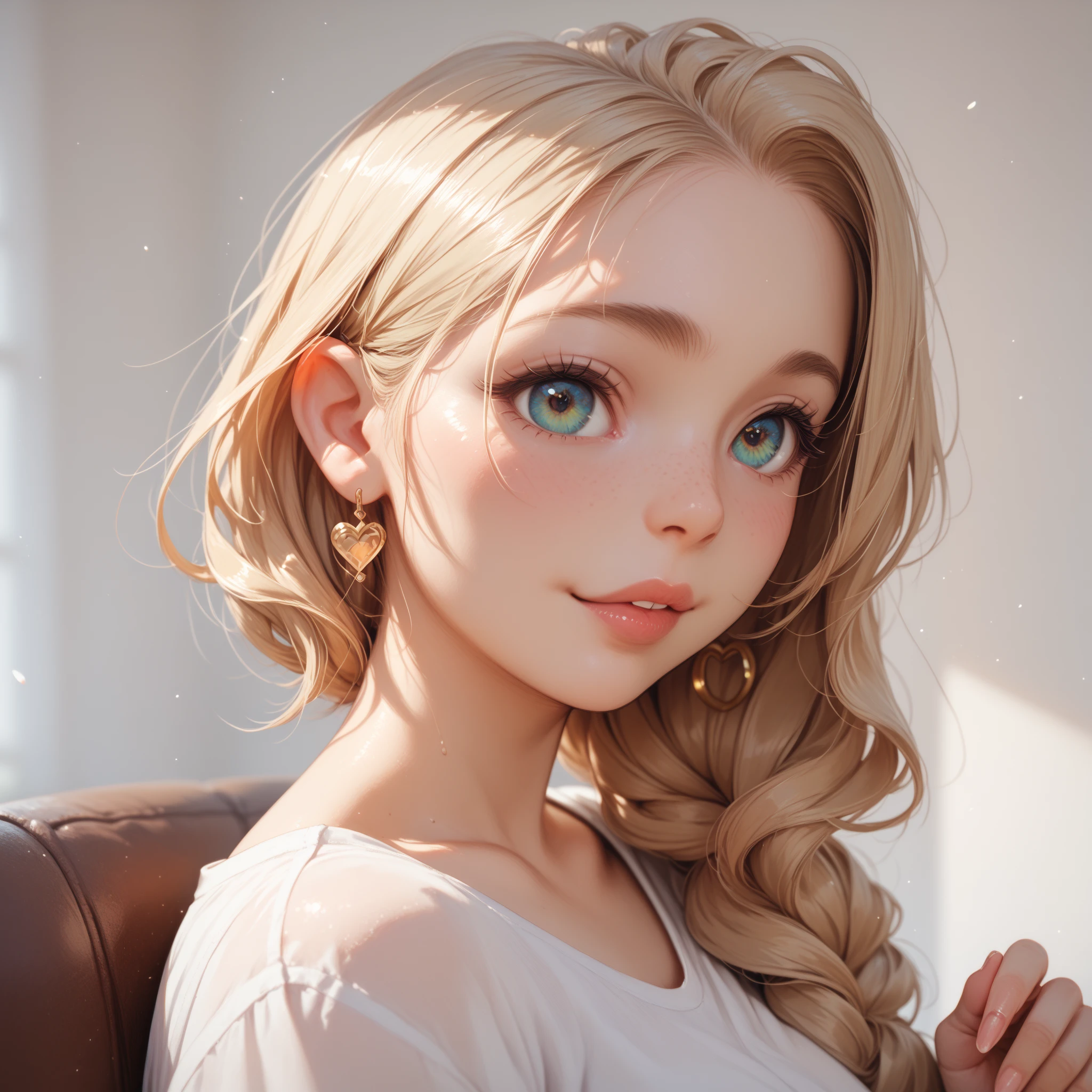 UHD,8K,Hyperrealism,light brown hair,happy tears,red eyes,crystal earrings,smile,cowboy shot,sony FE