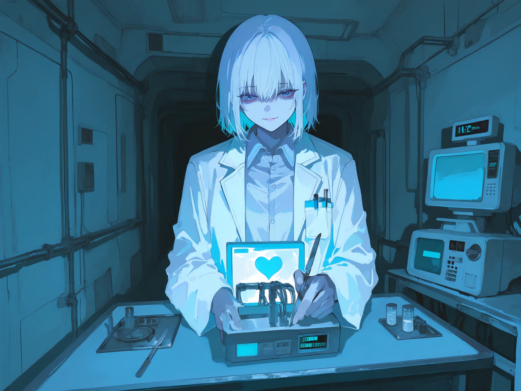 beautiful psycho female doctor, anime style, standing behind a restraint table, looking down at viewer, holding a scalpel, cold smile, white lab coat fluttering, realistic anime lighting, detailed eyes, operating room background, heart monitor and medical machines on both sides, blue and white color palette, cinematic light, high quality, 4:3 ratio
