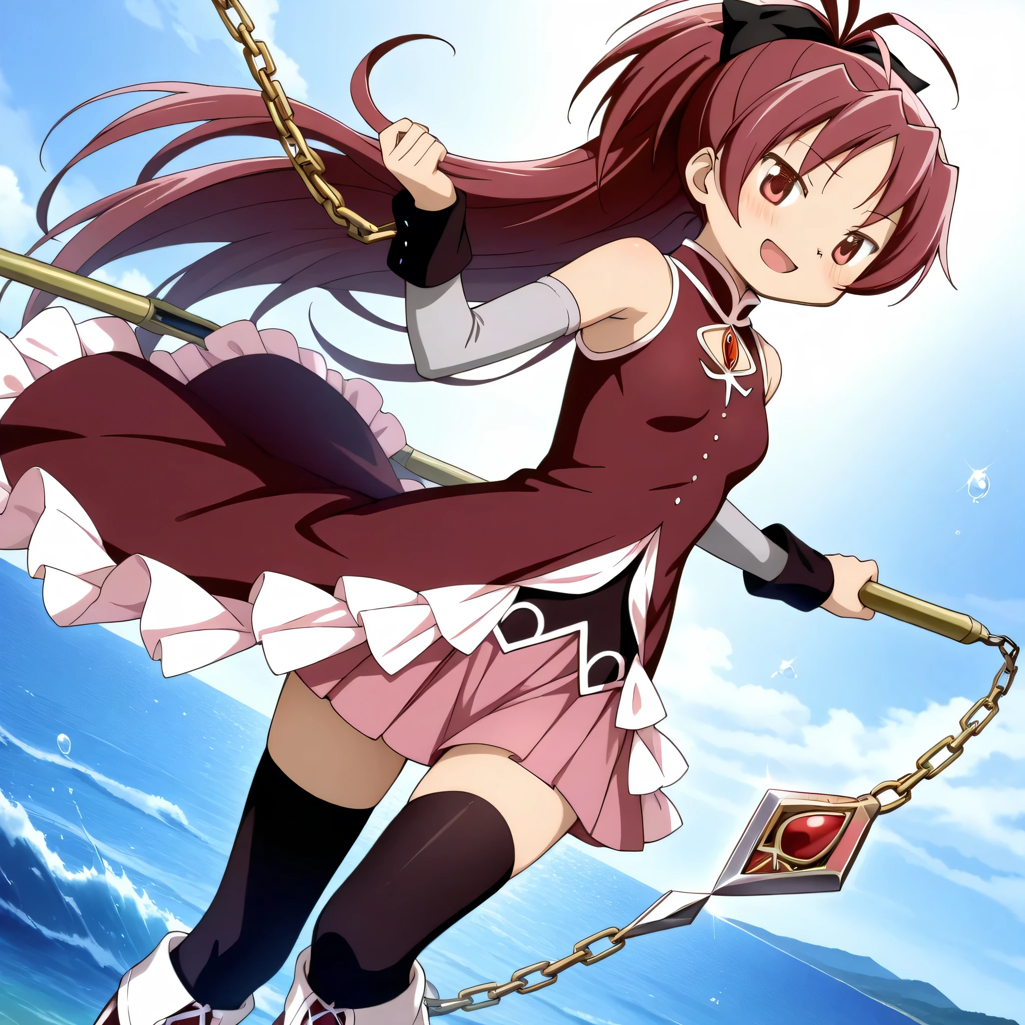 absurdres, highres, masterpiece, best quality, amazing quality, anime style, anime capture, anime screen, 1girl, solo, mahou shoujo madoka magica, sakura kyoko, red eyes, red hair, ponytail, long hair, hair bow, magical girl, red dress, soul gem,  shoulders, detached sleeves, frills, elbow gloves, pink skirt, black thighhighs, red knee boots, holding chained weapon, blush, smile, open mouth, upper body focus, looking at viewer, zettai ryouiki, dutch angle, outdoors, ocean