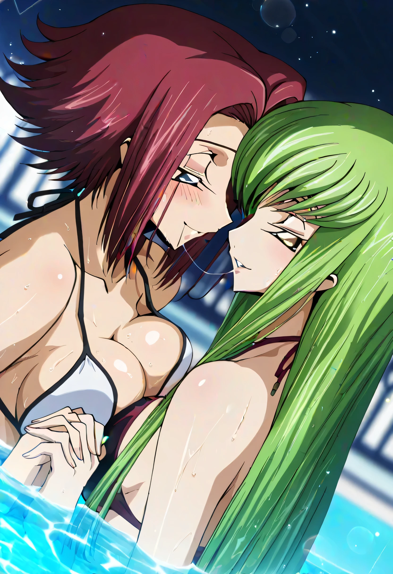 {{{animated painting}}},{{{masterpiece}}},{{{Highest Quality}}},{{Super Detailed}},{{very delicate and beautiful}},best image quality,super definition,8k,very aesthetic, high resolution, perfect detail, faint light,high brightness, soft saturation ,detailed,deep color,rich color,dark colors,Amazingly Fine, detailed face,high resolution ,8k, Unity,Beautiful Faces,very detailed background,Clear quality,high brightness contrast, light sparkles, wide image, (blurry,crack of light background),White background,(lens flare),(light particles:1.0),(backlighting:0.9),(anime screenshot), poolside,nsfw, (Takahiro Kimura style),(Code Geass),2girls, (seductive),agirl_and_bgirl, ((agirl,C.C.,green hair,long hair,yellow eyes,鋭い魅力的な黄色い目,yellow eyes, half-closed eyes,フレンチキス)),(bgirl,Kouzuki_Karen, Blue eyes,red hair,short hair, reverse hair,smile blush lines,フレンチキス),キス,(フレンチキス:1.4),2girls,bikini, breasts, sitting sideways, face each other, (Lip gloss),(w arms, interlocked fingers),(glistening skin),(glistening breasts),(very definition hair),(saliva string),(steam mouth),(wet body),(bodily fluids),(symmetrical docking),(yuri),(lesbian),(romantic), (looking at partner:1.0),(profile:1.2),facing to the side, mouth focus,close-up mouth,portrait, dutch angle,