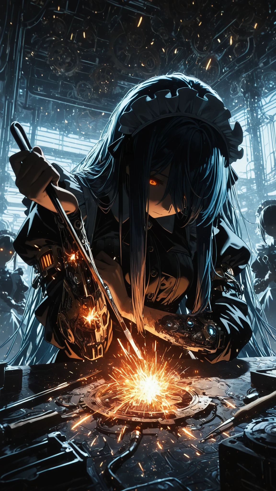 (masterpiece:1.2, Best Quality), C7b3rp0nkStyle, ((very long bangs, hidden face, face hidden by hair)), head tilt, looking up, beautiful face, long sidelocks framing face, long swept bangs, dark blue hair, messy hair, braid, orange eyes, glowing eyes, ((holding tools, sparks)) ((repairing own arm, looking down, placing tool against arm)), futuristic, factory, delicate mechanical features, exposed circuitry, damaged gears scattered, expressionless, intricate steampunk details, maid outfit, frilly headdress, mechanical parts clockwork scattered ground, watercolor and ink, rough texture, sketchy outlines, organic lines, hatching and cross-hatching, paper texture, analog art style with visible brush strokes and line work.