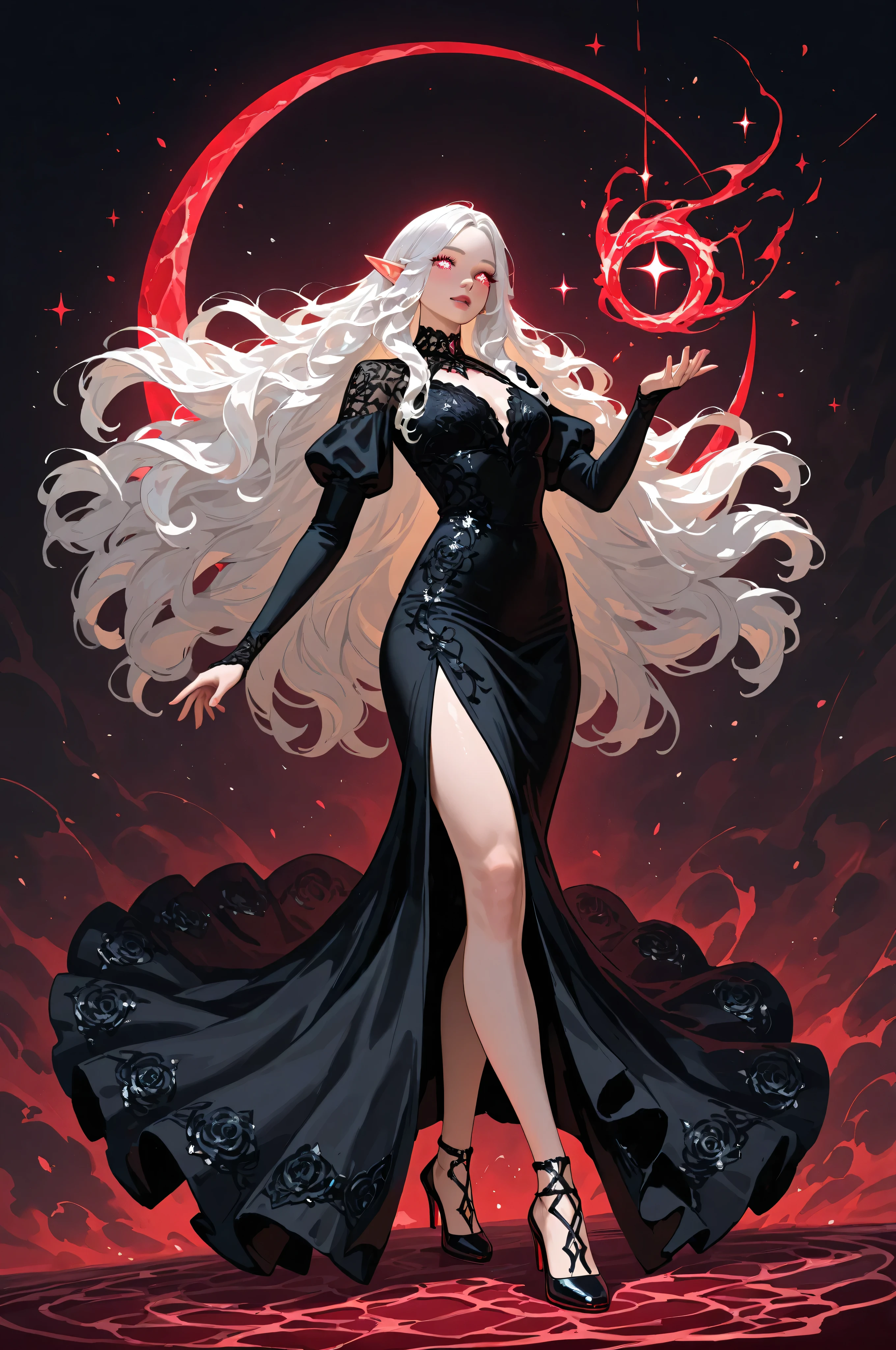 femillustration, portrait a  female elf, fair skin, white hair, long hair, wavy hair, flowing hair, sparkling red ruby diamond eyes, there are jewelry in her hair, wearing  dark silk dress, intricate dress, high heels, best quality, 16k, ultra detailed, masterpiece, best quality, (extremely detailed), dynamic angle, ultra wide shot, photorealistic, fantasy art, dnd art, fantasy art, realistic art, perfect face, perfect body, glow outline perfect face, perfect body