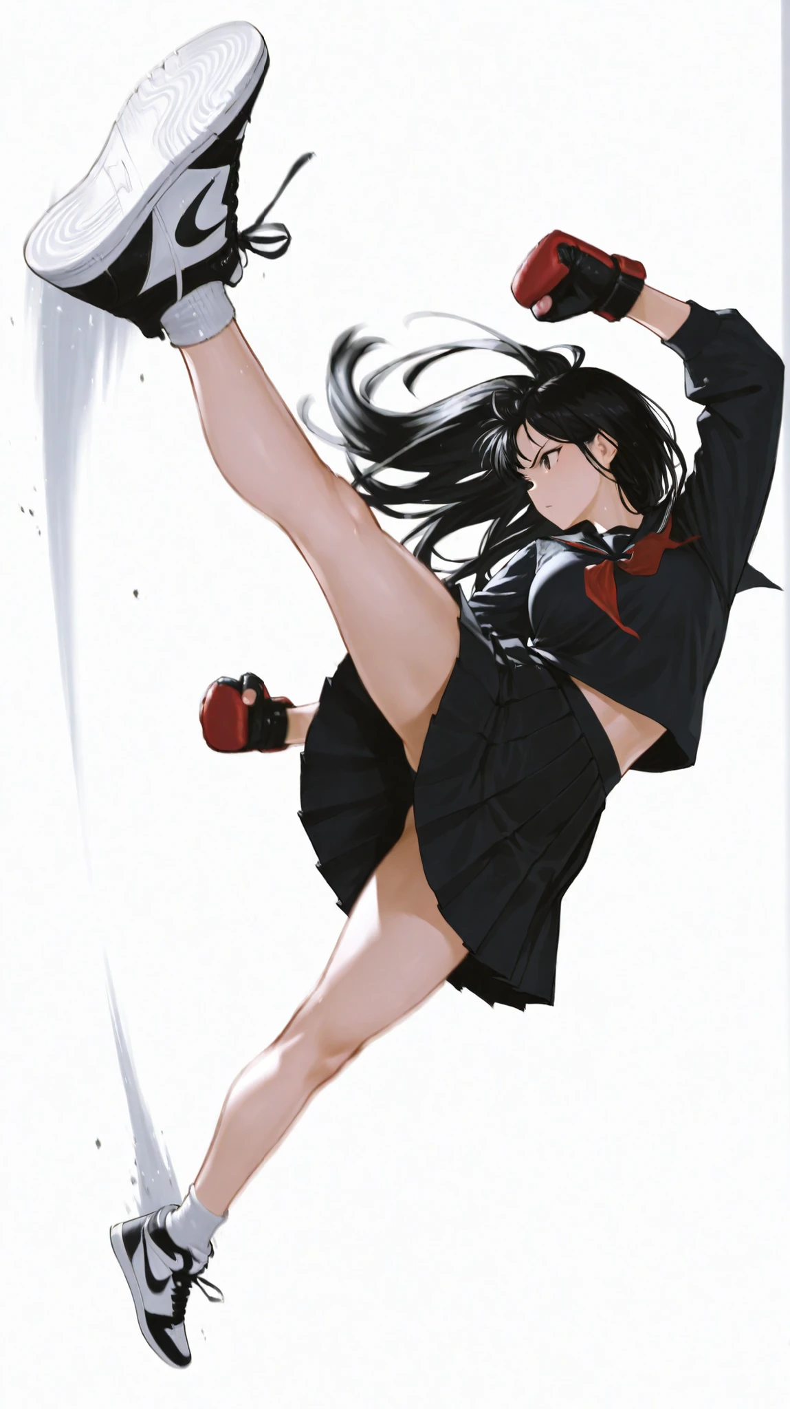 Beautiful Japanese Women, long black hair, pleated skirt swings dynamically,Nike sneakers、Fighting Gloves , Pose, Street Fight,flying kick, midair, leg extended forward, motion blur, dynamic pose、Dynamic Composition, random background, white background/anatomically correct、