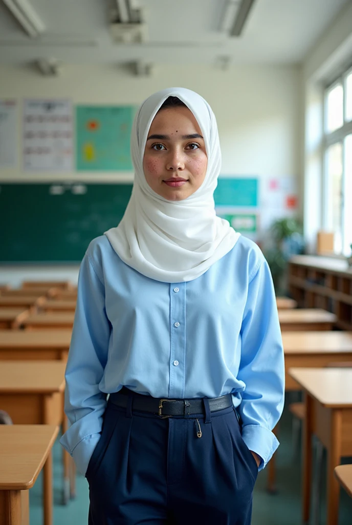 1girl, white dress, wearing hijab, blue skirt, long sleeve,, classroom background, beautiful, pretty, blushing, flawless, best quality, masterpiece, ultra high res, (photorealistic:1.4), raw photo, (large breasts,full body:1.2), ((closed clothes)), ((both arms behind the head)), ((wearing short hijab))