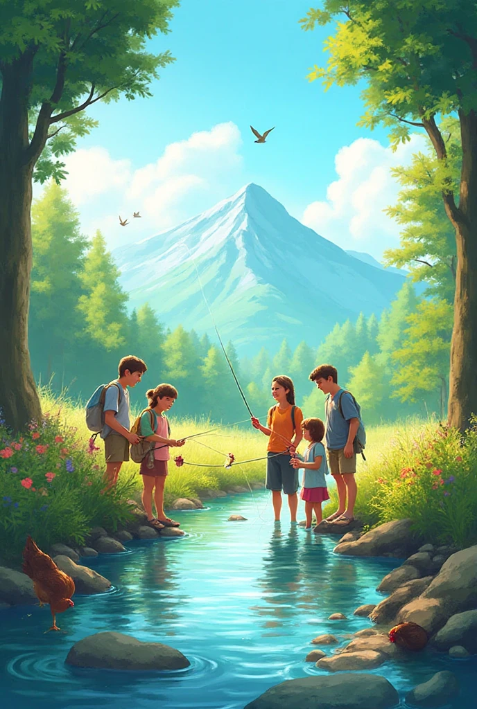 Poster design, (SFW), three boys rowing, forest, spring out, happy, background is a small river interspersed in Chinese street, perfect quality, clear focus, colorful, perfect face, intricate details, ultra-low viewing angle, wide-angle lens