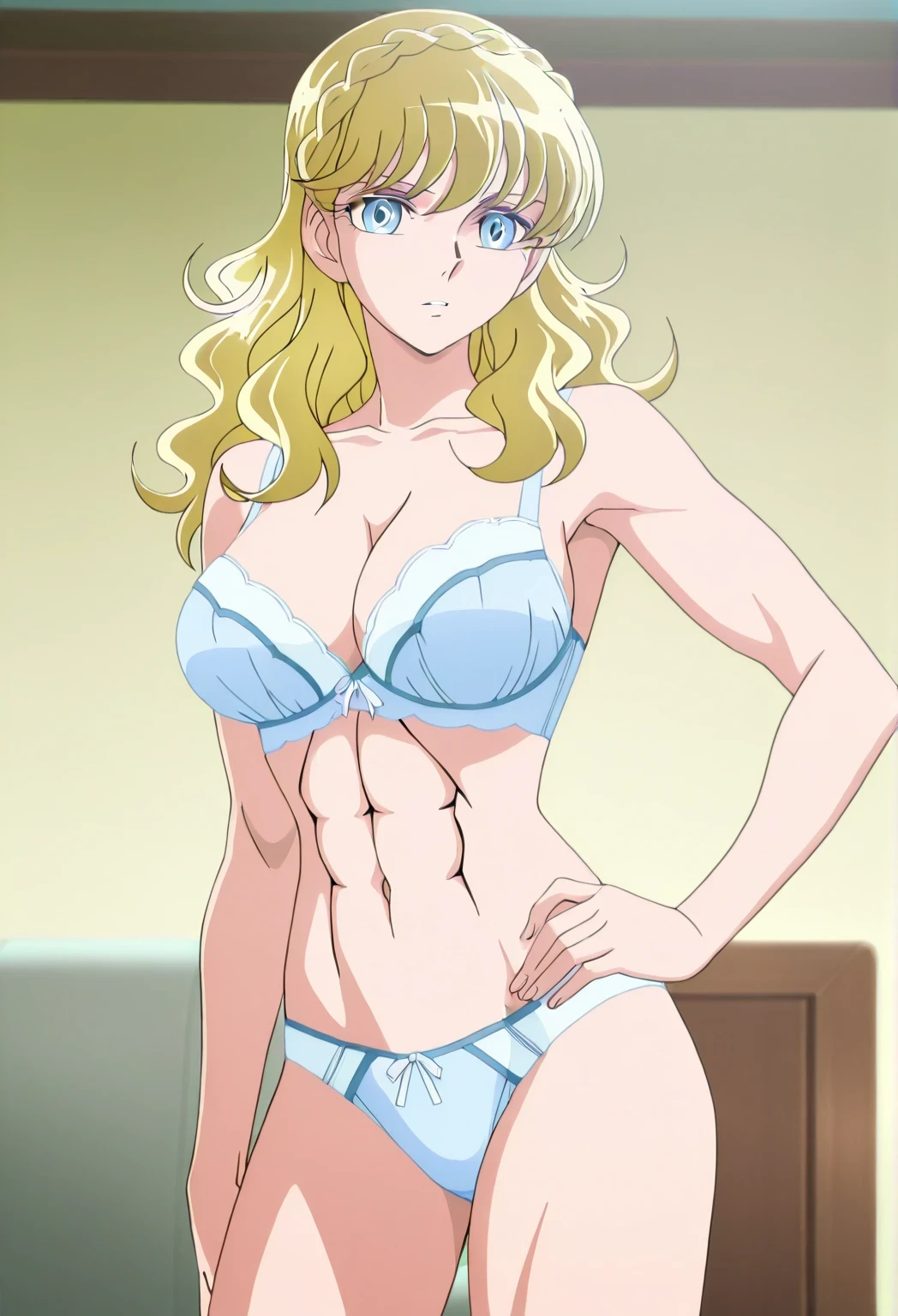 score 9、score 8 up、score 7 up、source anime、傑作、best quality、best resolution、best image quality、anime coloring、1girl、mii、anime character with a light blue bra and light blue panty、solo、blonde hair、long hair、blue eyes、french braid、crown braid、Quiet Laughter、light blue underwear、light blue bra、light blue panty、light blue lingerie、big breasts、cleavage、large breasts、deltoids、navel、midriff、stomach、collarbone、trapezius、abs、biceps、triceps、brachioradialis、thigh muscles、slender body、stylish bra、stylish panty、stylish lingerie、stylish design under wear、top rated on pixiv、high quality animeart、bra with an light blue、美少女 style、official anime artwork、panty with an white、standing、bare shoulders、bare arms、bare crotch、bare thighs、bare legs、bra and panty only、at pixiv、anime screencap、anime screenshot、えっちアニメスタイル、アニメ風、14 years old、official anime style”、anime!!!、anime!!!!!!!!!!!!!!!、zerochan、looking at viewer、cowboy shot、girl focus、elegant atmosphere、indoors、living room、saint seiya style、