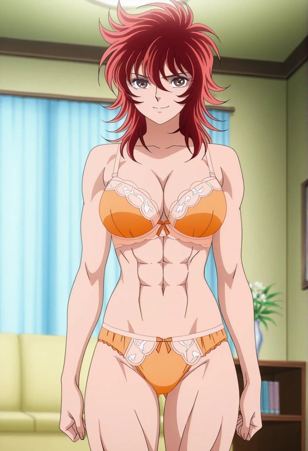 score 9、score 8 up、score 7 up、source anime、傑作、best quality、best resolution、best image quality、anime coloring、1girl、shoko、anime character with a light orange bra and light orange panty、solo、messy hair、medium hair、sidelocks hair、Hair between the eyes、hair floating、red hair、A faint smile、bangs、brown eyes、light orange underwear、light orange bra、light orange panty、light orange lingerie、big breasts、cleavage、large breasts、deltoids、navel、midriff、stomach、collarbone、trapezius、abs、biceps、triceps、brachioradialis、thigh muscles、toned body、plan bra、plain panty、plain lingerie、simple design under wear、top rated on pixiv、high quality animeart、bra with an light orange bra、美少女 style、official anime artwork、panty with an light orange panty、standing、bare shoulders、bare arms、bare crotch、bare thighs、bare legs、bra and  only、at pixiv、anime screencap、anime screenshot、アニメスタイル、アニメ風、14 years old、official anime style”、anime!!!、anime!!!!!!!!!!!!!!!、zerochan、looking at viewer、cowboy shot、girl focus、tomboy atmosphere、a manly girl、boyish atmosphere、indoors、living room、saint seiya style、