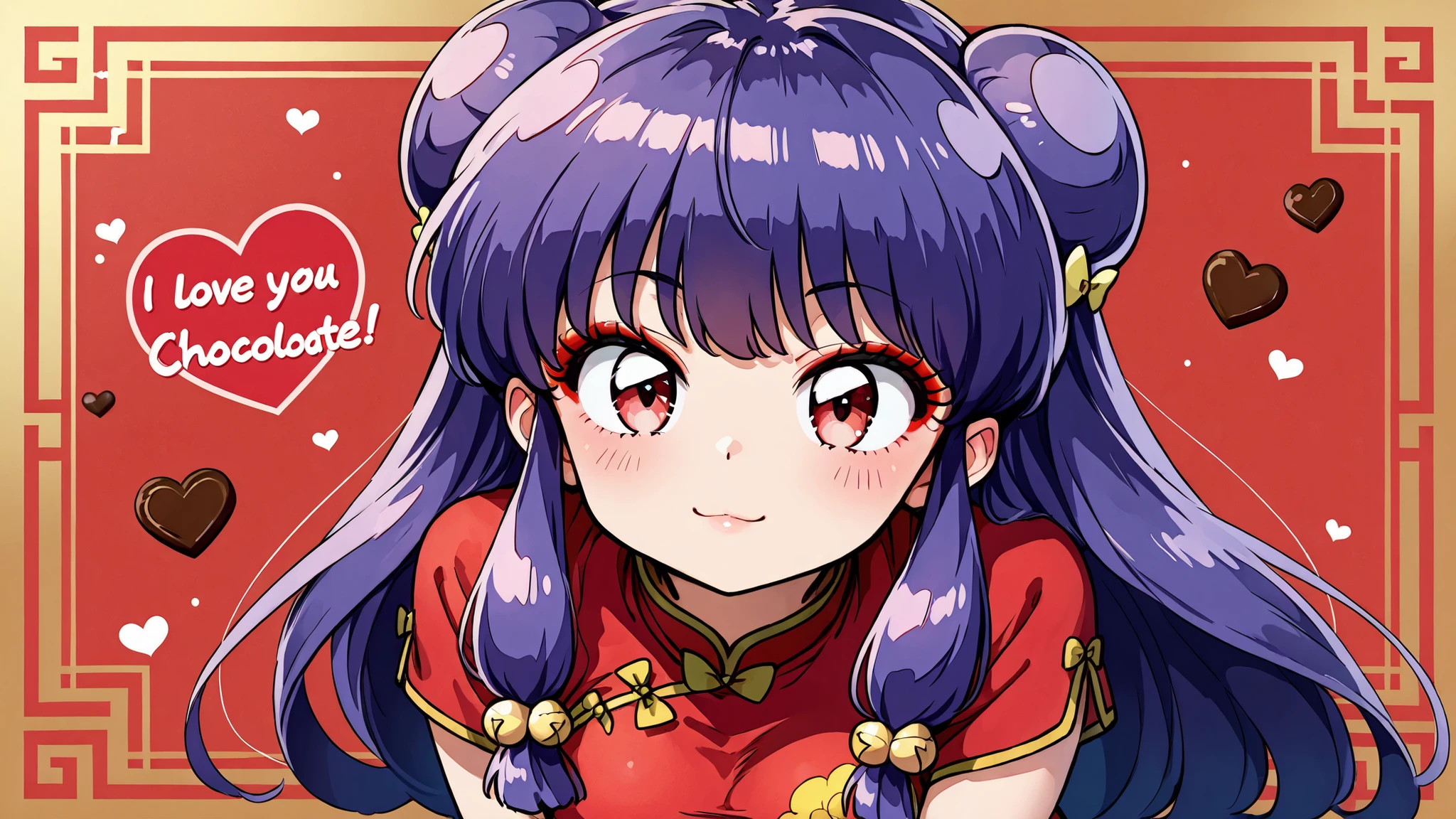 masterpiece, top quality , perfect face, Highest Resolution, 8k, 1 girl,  shampoo  (Ranma 1/2),  young,  red eyes,  long hair,  purple hair, Detailed depiction of bun knot hair ,  red eyeshadow ,  china dress,  I love you, A face in love,  will present chocolate