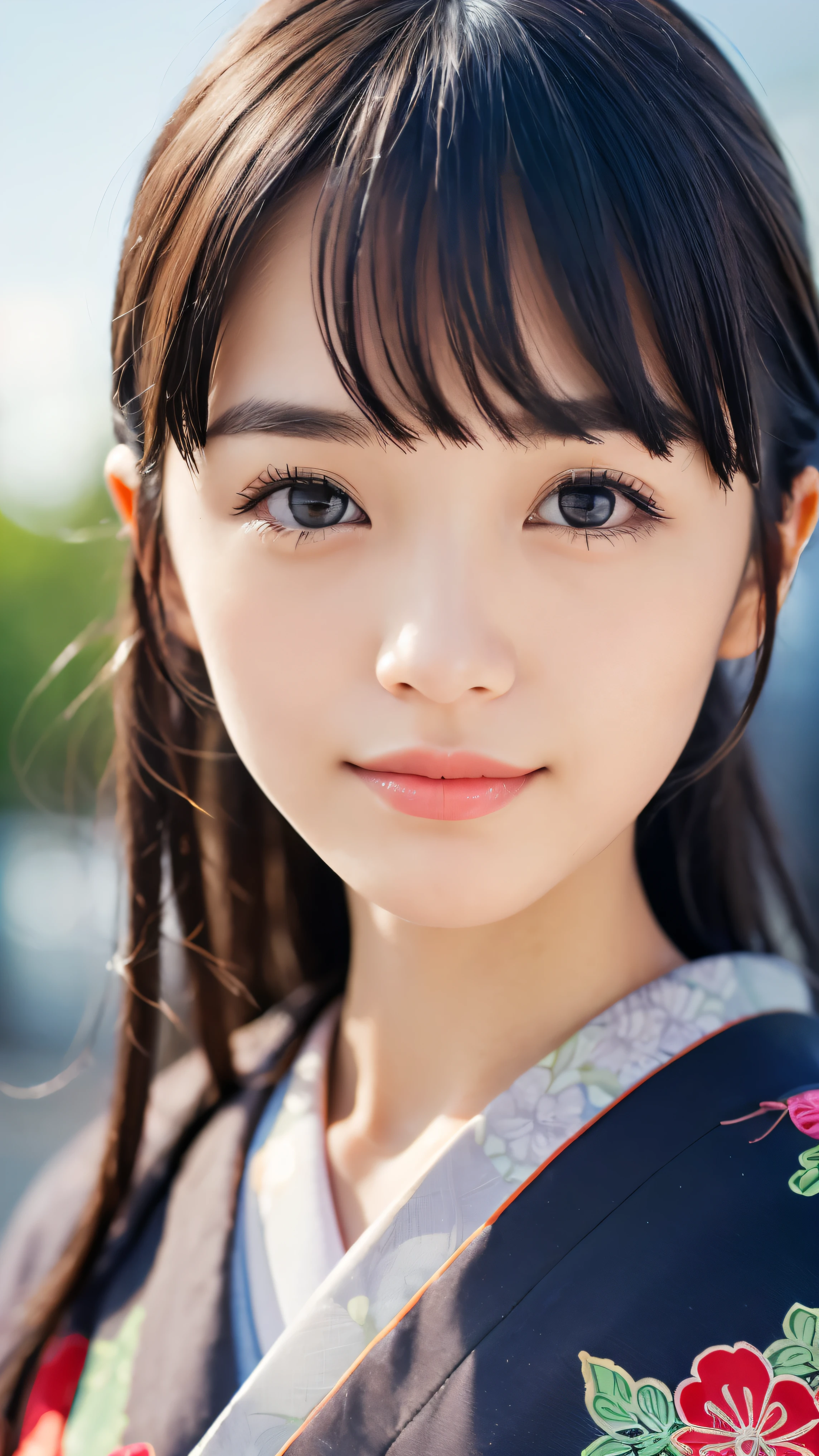 (Close up portrait of dark silver long hair with swept bangs girl in beautiful colorful kimono:1.5)、(One girl is enshrining a shrine in Japan with smiles:1.3)、(A shrine in Japan with a winter blue sky:1.5)、(8k ultra detailed master piece:1.5)、(perfect anatomy:1.5)、(Photorealistic stick:1.5)、(Raw photo:1.3)、(highest quality:1.5)、(High resolution:1.3)、(Delicate and beautiful perfect face:1.3)、(Delicate and beautiful eye air skin:1.3)、(Real Human Skin:1.3)、((thin legs))