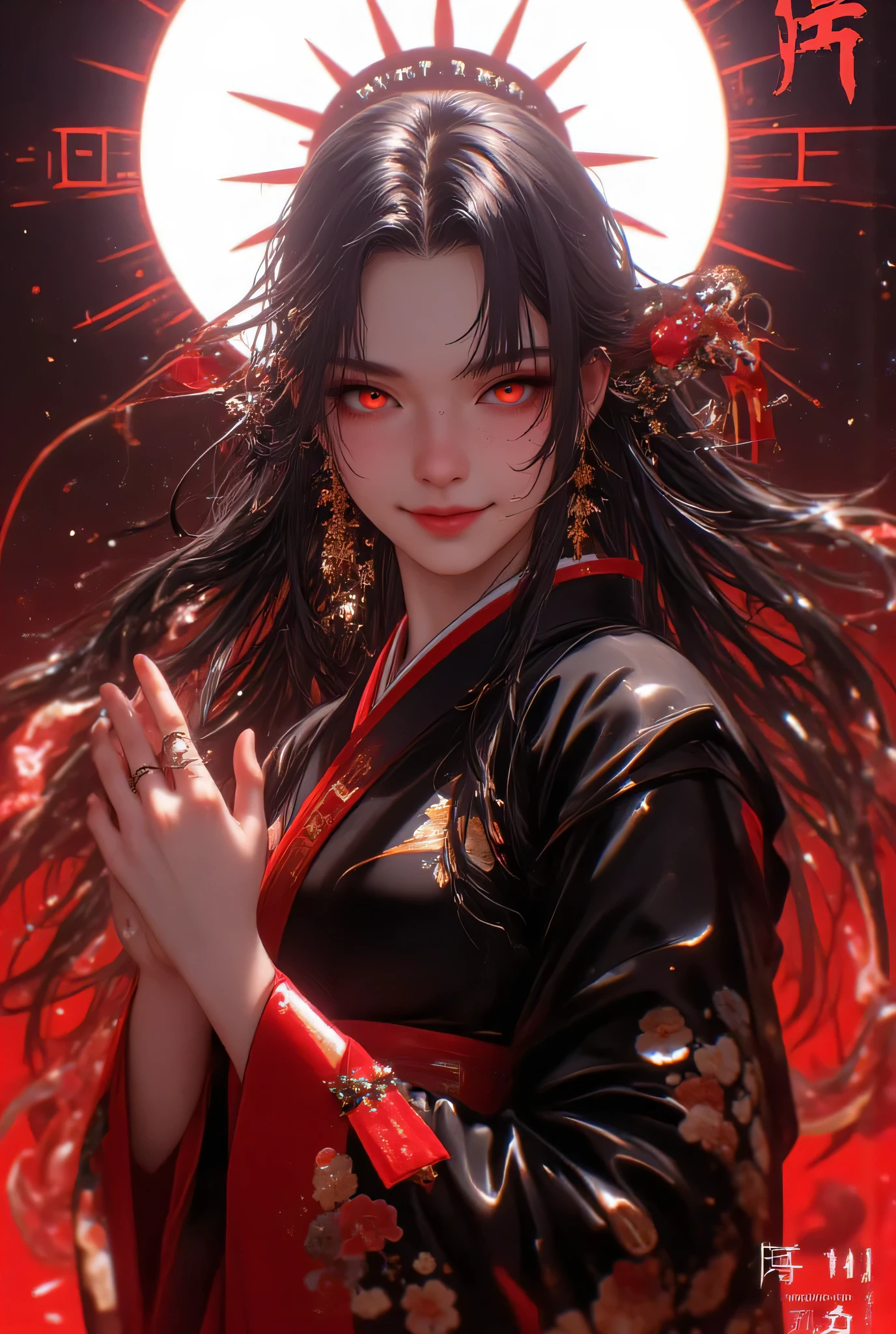 realistic, (1girl:1.5), girl in black and red kimono, masterpiece, full body view, ancient japanese atmosphere, (japanese temple backgroud:1.7), strict expression, perfect face, detailed face, long black hairs, detailed eyes, red eyes, hd, hdr, best quality, lots of details, ultra sharp, ultra detailed, colorful, (mesmerizing eyes:1.4), (captivating smile:1.3), perfect proportions:1.3), (radiant complexion:1.3), (alluring gaze:1.3), (feminine charm:1.4), (timeless beauty:1.4), (highly detailed:1.4), (sharp focus:1.3), (soft lighting:1.3), (dreamy atmosphere:1.3), (rich color palette:1.3), (complementary colors:1.2), (8k resolution:1.3), (octane render:1.3), (ray tracing:1.2), (HDR:1.2), (photorealistic:1.4), (masterpiece:1.5), (award-winning:1.4), (trending on Artstation:1.3),(global illumination:1.2), (hyper-detailed skin texture:1.4), (enchanting:1.4), (mesmerizing:1.4), (unforgettable:1.3), (masterpiece), (best quality), (ultra-detailed), very aesthetic, illustration, disheveled hair, perfect composition, moist skin, intricate details, concept art, digital artwork, illustrative, painterly, matte painting, highly detailed