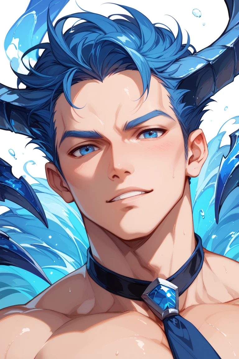 close-up facing camera, , virile young adult, unshaven, body hairstyles, fade, dramatic, dynamic, masterpiece, fantasy concept art, magic, abstract, surreal, whimsical, fantasy, splashes, specific artwork, vivid, vibrant ,blue and white color scheme, circle, best quality