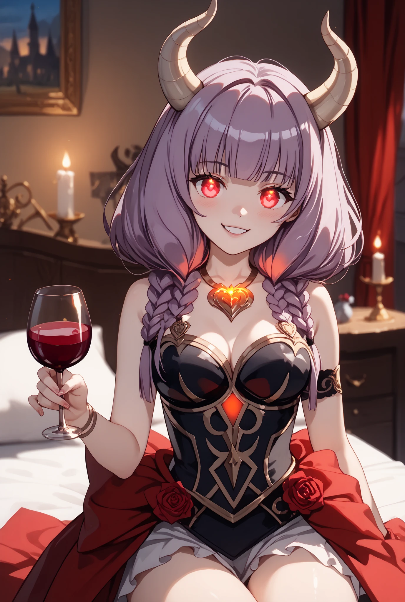 masterpiece,Super Detailed,beautiful faces,And high-precision,(cute Devil's Rose assassin girl:1.5),(ONE WOMAN),she's sitting in the devil's dark bedroom bed,There's a devil's candlestick behind the bed、Candlelight,external, Expression of victory ,(unbroken body:1.5),light reddish purple hair,(Red Glowing Eyes:1.5),volumeiger holding red wine in his left hand
So cute,doing a devil's ceremony,My cheeks are blurry and red, cowboy shot in elaborate denim,(she has a red wine glass in her right hand:1.5)