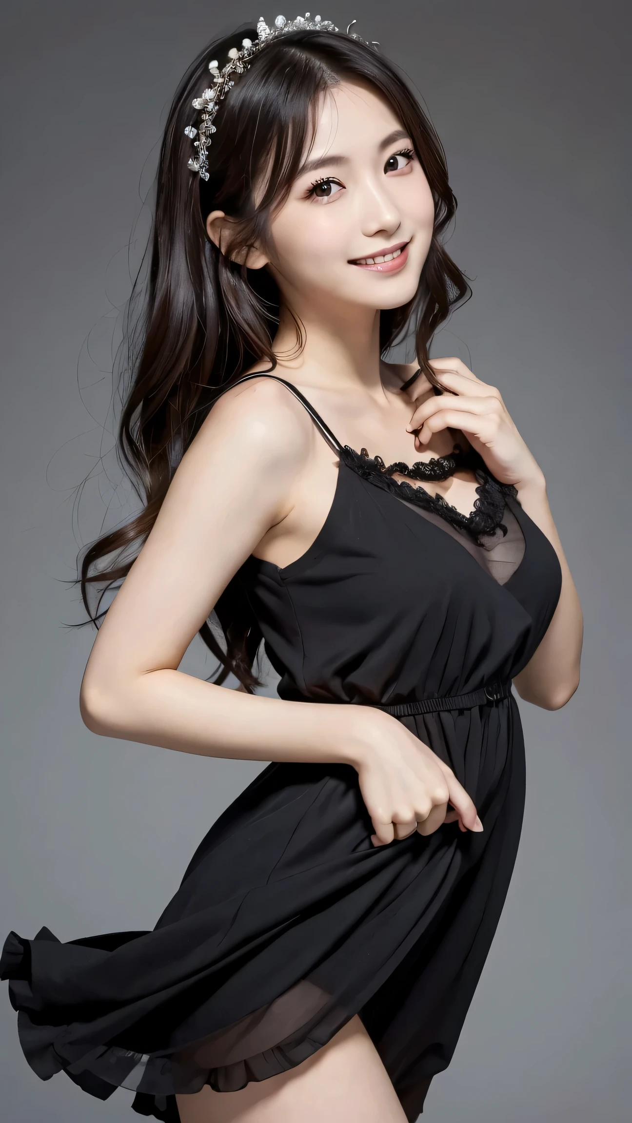Japanese model woman is posing in a black dress、 full body photo , romantic dress、 Black Sleeveless Dress , gorgeous women, Full body portrait, A bewitching young woman , See-through dress, Feminine Girly Dress ,Full pose、 looking at camera、, detailed beautiful eyes 、かわいいsmile、 soft and gentle expression 、smile