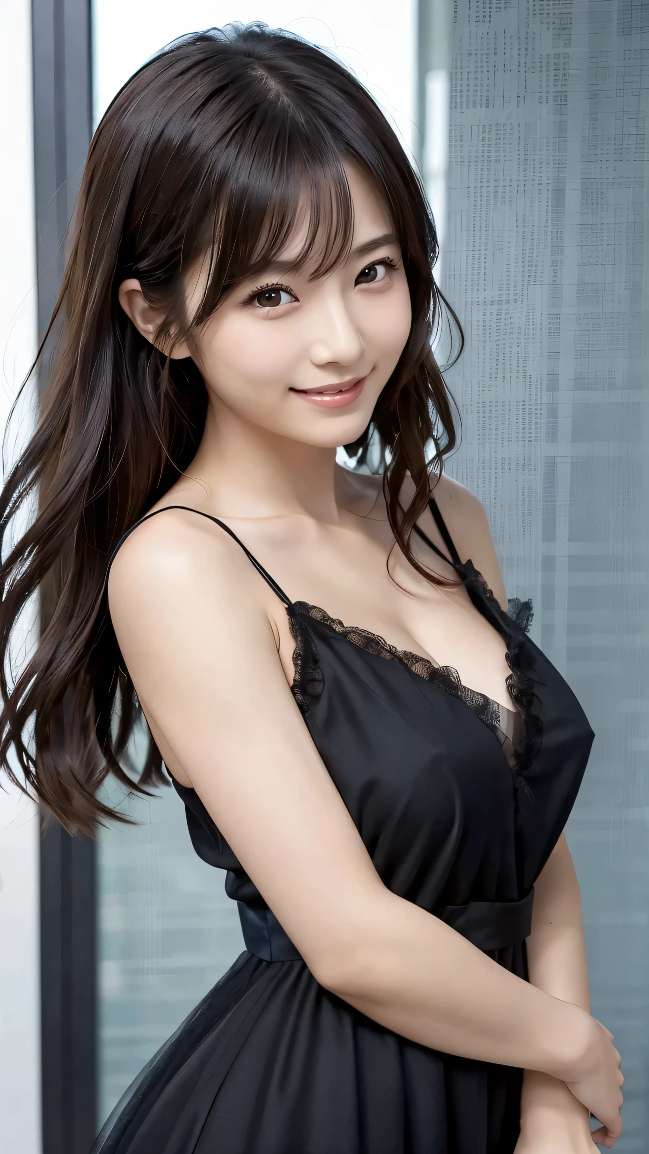 Japanese model woman is posing in a black dress、 full body photo , romantic dress、 Black Sleeveless Dress , gorgeous women, Full body portrait, A bewitching young woman , See-through dress, Feminine Girly Dress ,Full pose、 looking at camera、, detailed beautiful eyes 、かわいいsmile、 soft and gentle expression 、smile