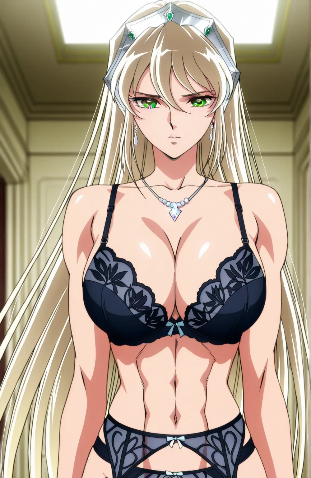 score 9 、score 8 up、score 7 up、source anime、傑作、best quality、best resolution、best image quality、anime coloring、1woman、katya、cool beauty、long hair anime woman is wearing a navy blue lingerie、solo、portrait of a beautiful anime style、anime beautiful woman、official anime style、portrait of a anime woman、elegant anime woman、elegance anime woman、huge breasts、cleavage、very large breasts、large boobs、large tits、collarbone、midriff、abs、stomach、brachioradialis、biceps、biceps long head、biceps short head、triceps、triceps medial head、triceps long head、triceps lateral head、deltoids、anterior deltoids、middle deltoids、posterior deltoids、thigh muscles、semitendinosus muscles、hamstrings、adductor magnus muscles、17 years old、blonde hair、Hair between the eyes、睫毛、very long hair、green eyes、jewelry necklace、jewelry earrings、black hairband、outfit:navy blue bra、portrait of a anime woman、elegant atmosphere、elegance atmosphere、woman is wearing a navy blue panty、navy blue garter belt、navy blue lingerie、anime female character、cool anime woman、very tall womam、elegant bra、elegant panty、elegant lingerie、elegant underwear、bra with an navy blue、panty with an navy blue、lingerie with an navy blue、toned body、bare shoulders、bare arms、bare crotch、bare thighs、bare legs、bra and panty only with garter belt、attractive anime woman、portrait of a anime woman、portrait of a detailed anime woman、anime screencap、anime screenshot、portrait of a anime woman、portrait of a anime woman、looking at viewer、cowboy shot、female focus、indoors、rocker room、saint seiya style、