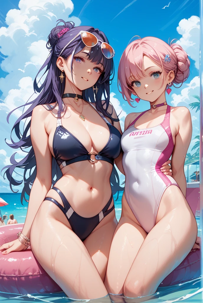 anime girls in swimsuits posing for a picture in a garden,  wearing a swimsuit, anime girls, extremely detailed artgerm, range murata and artgerm, at the beach, style artgerm, artgerm. anime illustration, artwork in the style of guweiz, in the beach,  anime style, swimsuit