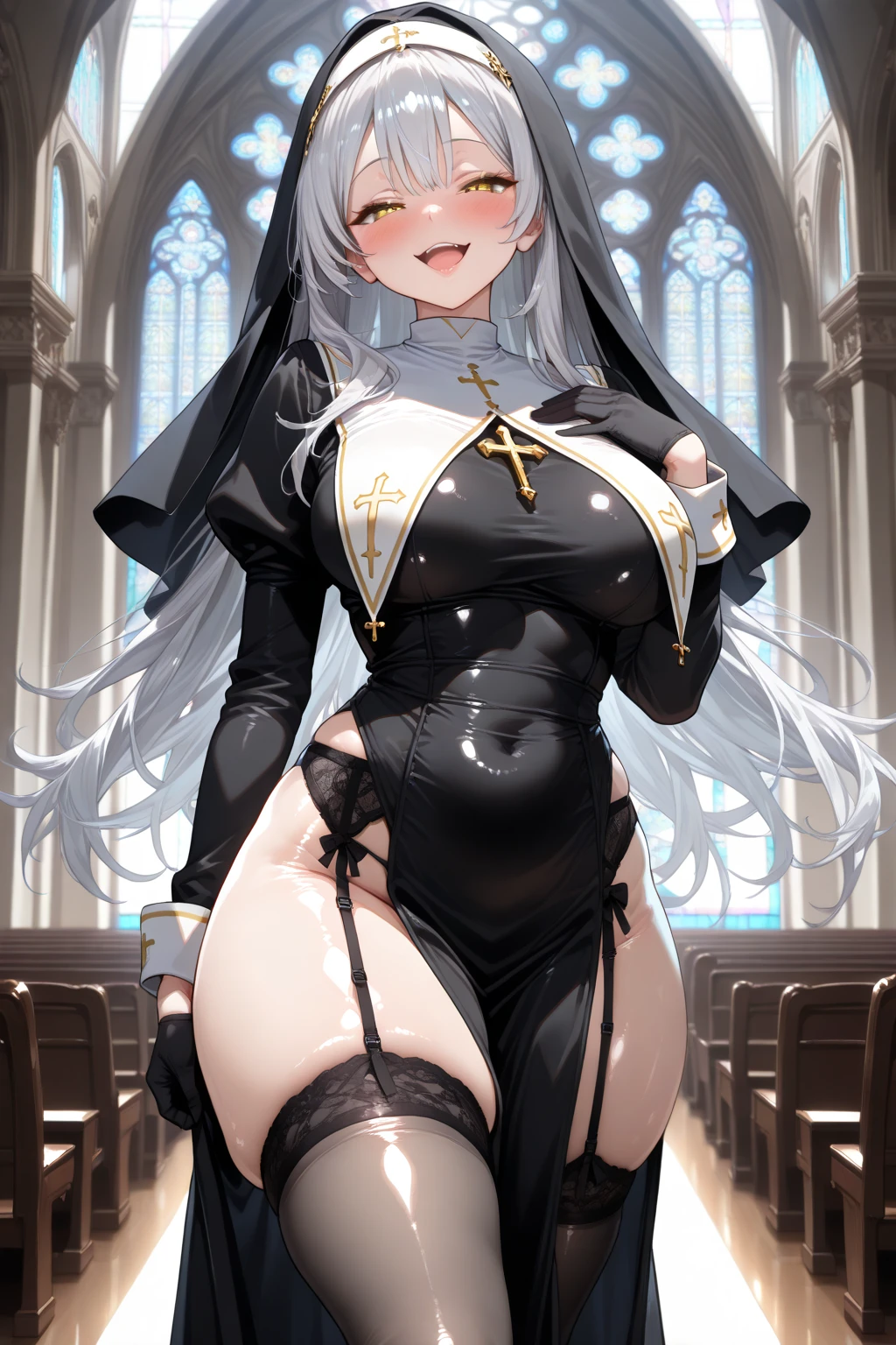 Masterpiece, top quality, best quality, official art, beautiful and aesthetic, anime, 1girl,extremely detailed, colorful, more detailed ((ultra-detailed)), (highly detailed CG illustration),Best Quality, High resolution, Unity 8k Wallpaper, (Illustration:0.8),extra detailed face,deteiled eyes,sharp, Perfect Lighting, extremely details CG, (Perfect hands, Perfect ???????), church, benches, icons, candles, dark light, crosses, 1girl, nun,long white hair,green eyes,long robe,medium ??????,skinny fit,long legs,stockings,stocking suspenders,thighs,in middle,looking in camera,laying on floor, from above.