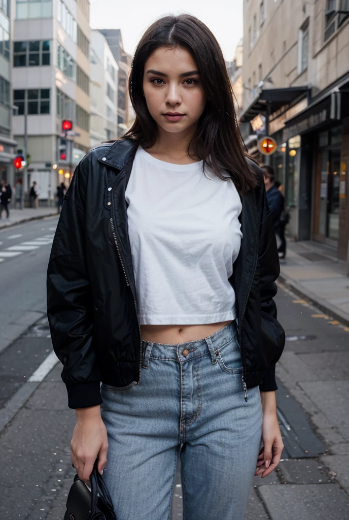 A young woman wearing a black leather jacket, white t-shirt and blue shorts walks down a city street.she has . She is the main focus of the image, with her outfit and appearance standing out against the urban backdrop. The street is busy, as there are several other people walking around, some carrying handbags or backpacks. A traffic light can be seen in the background, further emphasizing the urban setting.