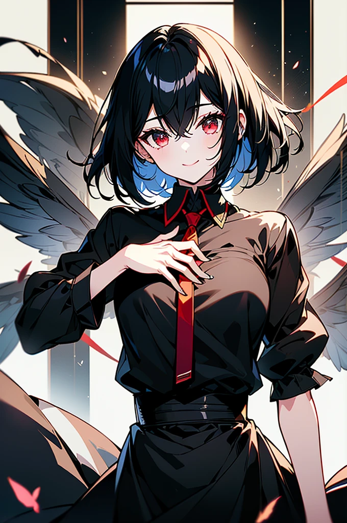 Anime girl with black wings and a white shirt and black skirt - SeaArt AI