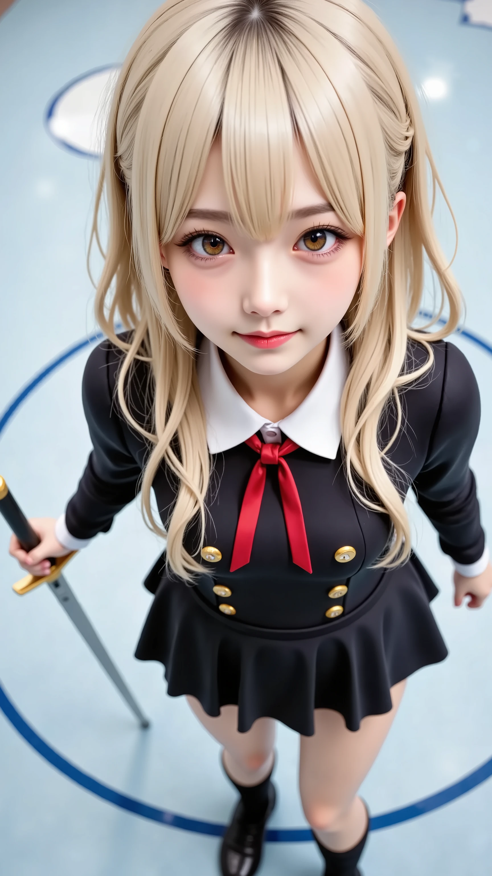 Beautiful young girl holding a sword、Lovely City Background、cute girl visual, Best Girl, young girl named Lucy, Fate/Stay Night, splash art loli, Stop 4 *, female character, full bangs、blond hair、tying the ends of her hair in a braid、Slender Body、in tight uniform 、red ribbon、Highest Quality、Highest Image Quality、super real:1.3、greatest masterpiece