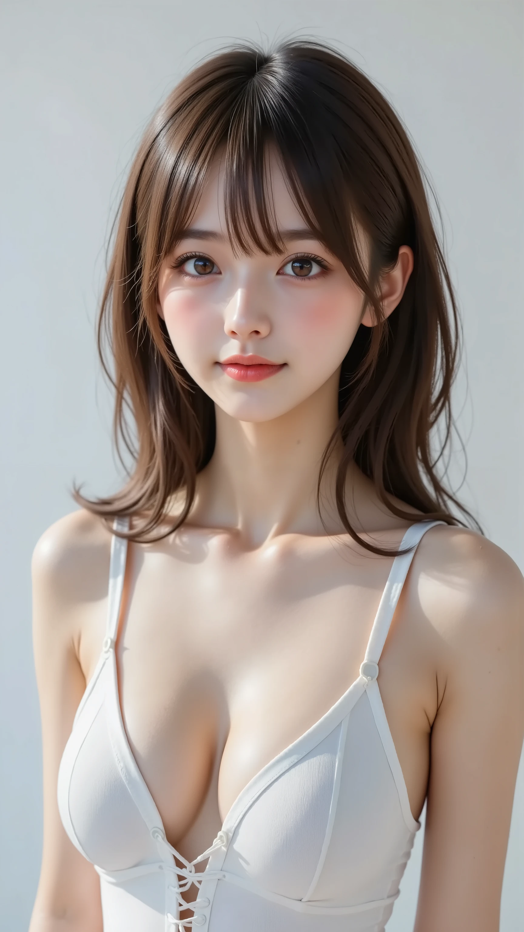 cute girl in a white 包帯 bodysuit posing for a picture, Smooth White Tight Bandage Suit, ((Babyface:1.3, Transcendental Young Face)), smooth translucent white skin, translucent white skin, Beautiful Skin Like White Porcelain, ((baby face:1.3)), Sexy Bandage Wearing, translucent body, Wearing White Bandage At Dusk, Beautiful legs, ((Beautiful Breasts, nice butt, beautiful skin, sexy body, sexy movie pictures)), Slim Female Model Photos, Highest Quality, Highest Image Quality, greatest masterpiece, Ultra High Definition, reality, (thin thighs:1.3), (beautiful hip:1.3), (small  hands:1.8)