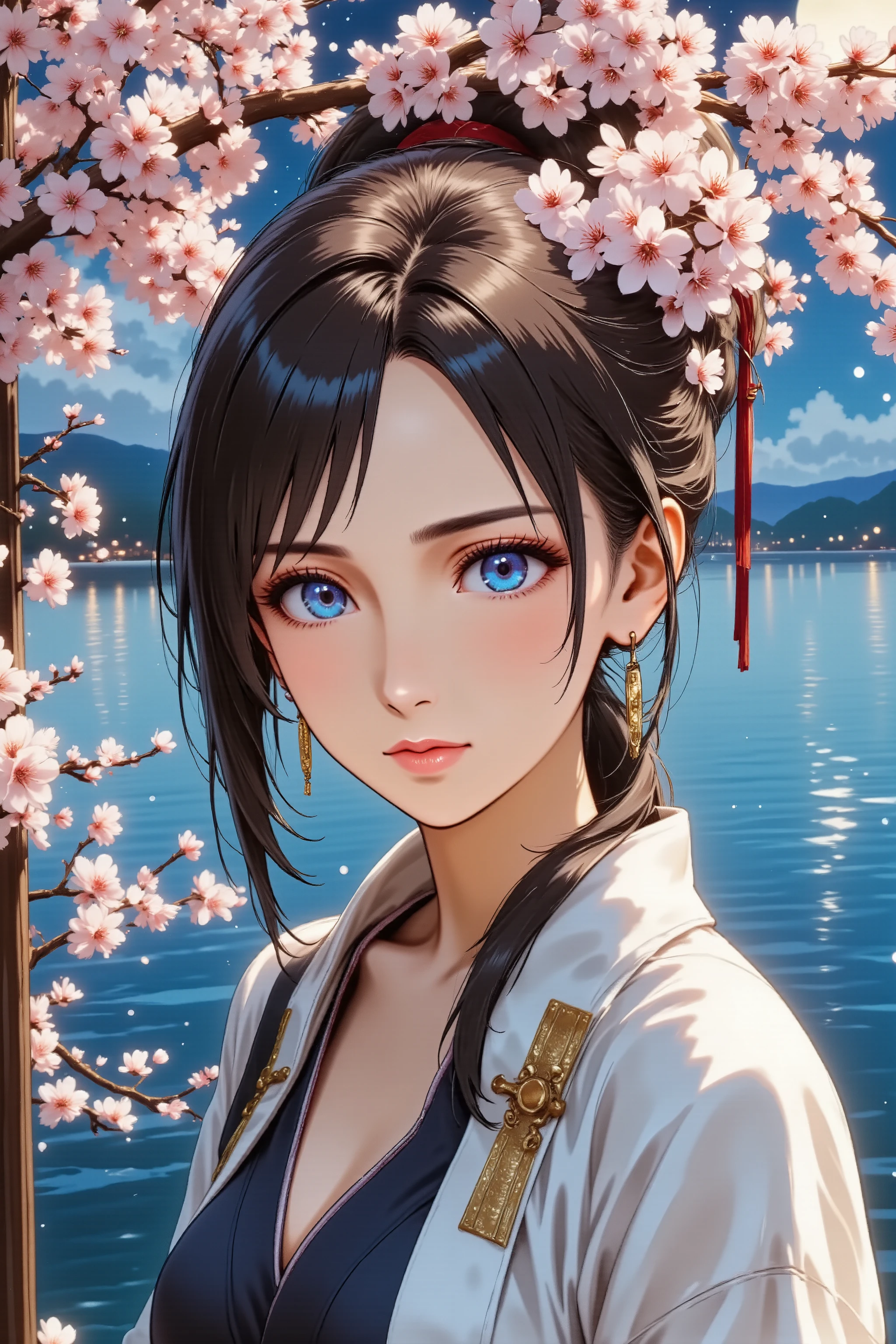anime style、High Angle Shot、mysterious woman、makeup、red lips、Oriental luxury kimono、Cherry blossom branches in hand、Poses that dance gracefully、Quiet Expressions、on the night of the full moon、 Light Reflected on the Water 、Fantastic Colors、 traditional Japanese beauty 、soft brush strokes