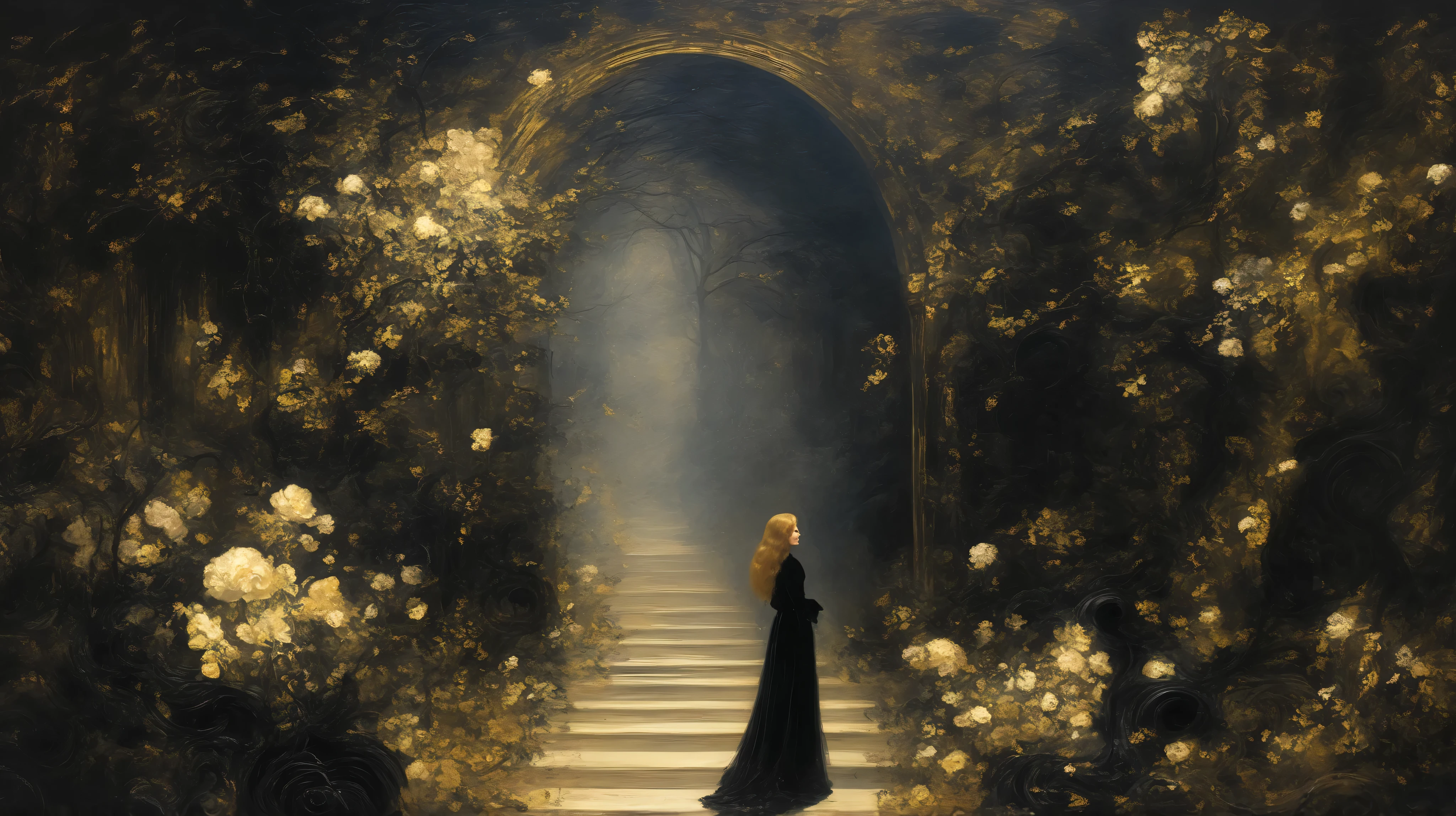 Adolph Menzel´s and Jasmine Becket-Griffith´s painting depicting A woman dressed in black, her dress transforms into a trail of dark particles, she walks through a dark and lifeless place , dark creatures hidden in the darkness, scary eyes watching her walk, dreamy mood, intricate, detailed, starlit, moody colors, gold leaf details, high contrast, dramatic light with patterns