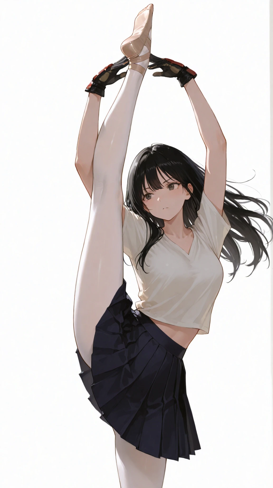 Beautiful Japanese Women, long black hair, pleated skirt swings dynamically、Fighting Gloves , Pose, Street Fight、ballet dancer in apothéose pose、Dynamic Composition, random background, white background/anatomically correct、