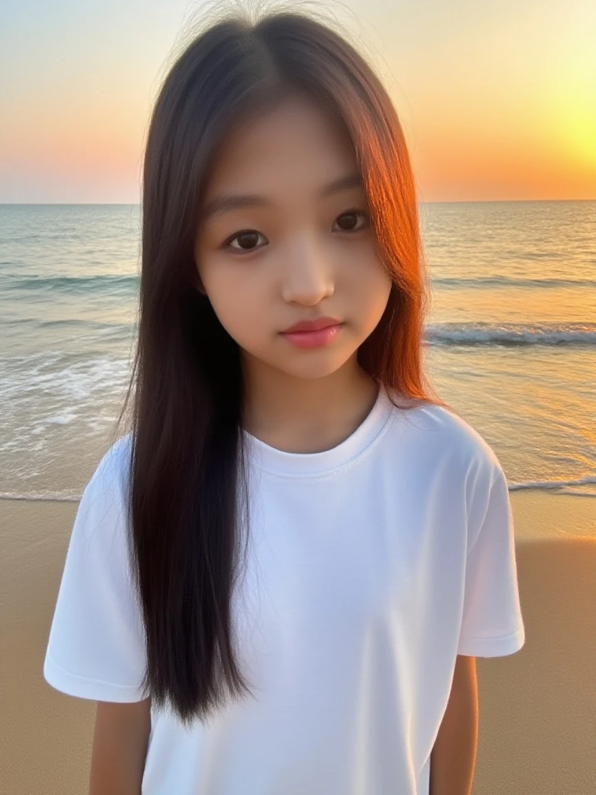 8K、12-year-old beautiful girl、detailed beautiful faces、up of face、Sleeveless、Entering the sea up to the chest、the setting sun