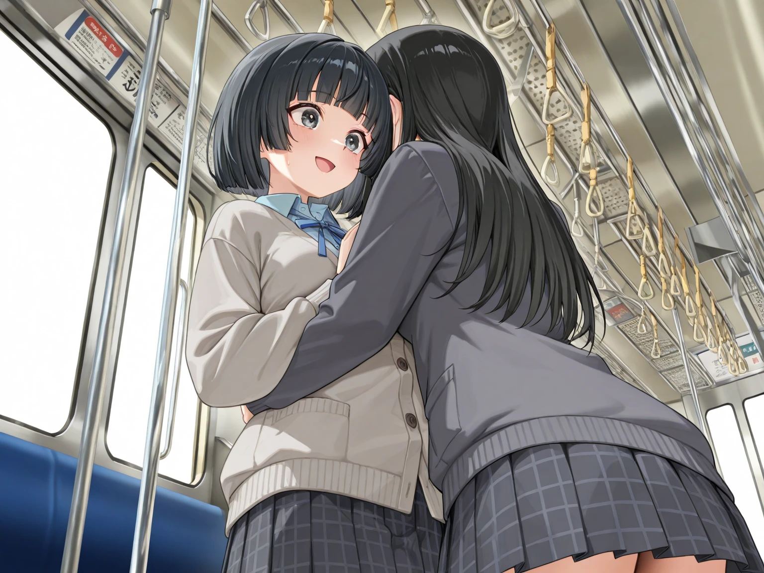 A ????? middle-aged man is inserting his ????? into the ?????? of a small-breasted girl who is lying down on a train, crying, with black bob hair, ????? ???????, pale pubic hair, ???????, ????????????, wearing a plaid skirt, feeling embarrassed and scared, and resisting.、whole body
