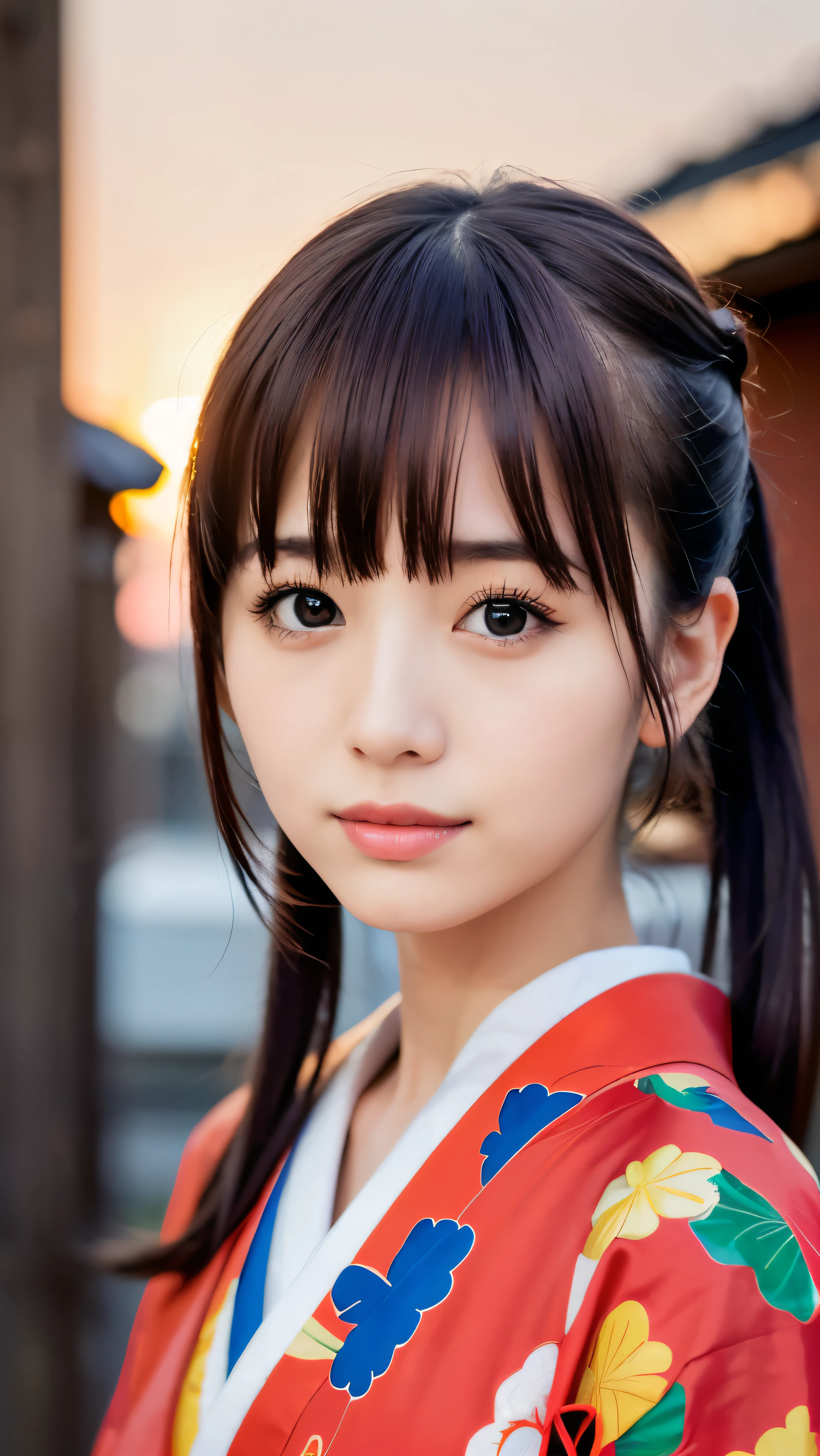 (Close up portrait of twin tailed long hair with bangs between eyes girl in beautiful colorful kimono:1.5)、(One girl is enshrining a shrine in Japan with smiles:1.3)、(A shrine in Japan with a winter sunset red sky:1.5)、(8k ultra detailed master piece:1.5)、(perfect anatomy:1.5)、(Photorealistic stick:1.5)、(Raw photo:1.3)、(highest quality:1.5)、(High resolution:1.3)、(Delicate and beautiful perfect face:1.3)、(Delicate and beautiful eye air skin:1.3)、(Real Human Skin:1.3)、((thin legs))