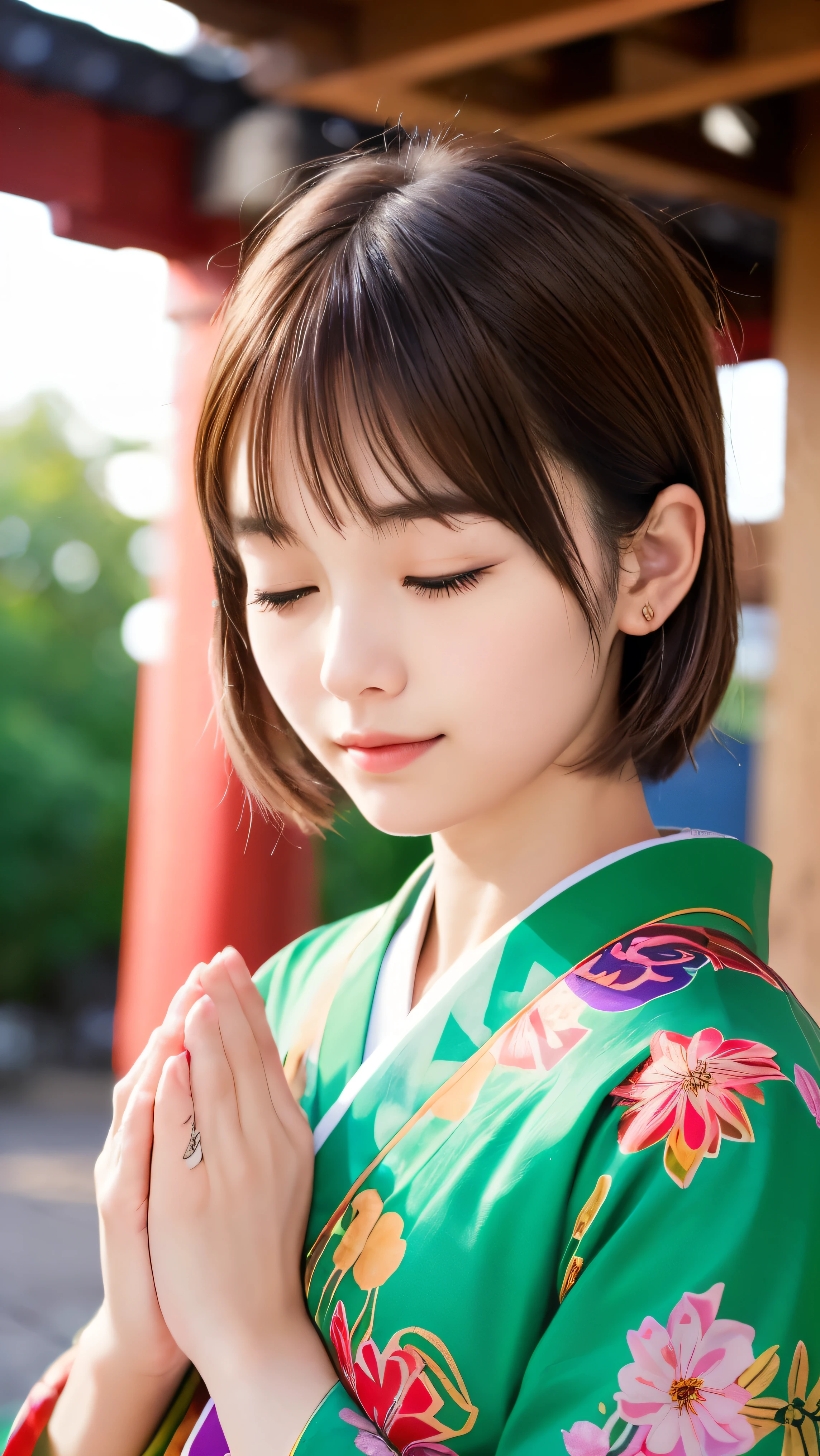 (Close up portrait of round face brown short hair with bangs girl in a beautiful colorful floral pattern kimono:1.5)、(One girl praying with her eyes closed and palms together at a shrine in Japan:1.5)、(A shrine in Japan with a winter sunset red sky:1.5)、(8k ultra detailed master piece:1.5)、(perfect anatomy:1.5)、(Photorealistic stick:1.5)、(Raw photo:1.3)、(highest quality:1.5)、(High resolution:1.3)、(Delicate and beautiful perfect face:1.3)、(Delicate and beautiful eye air skin:1.3)、(Real Human Skin:1.3)、((thin legs))
